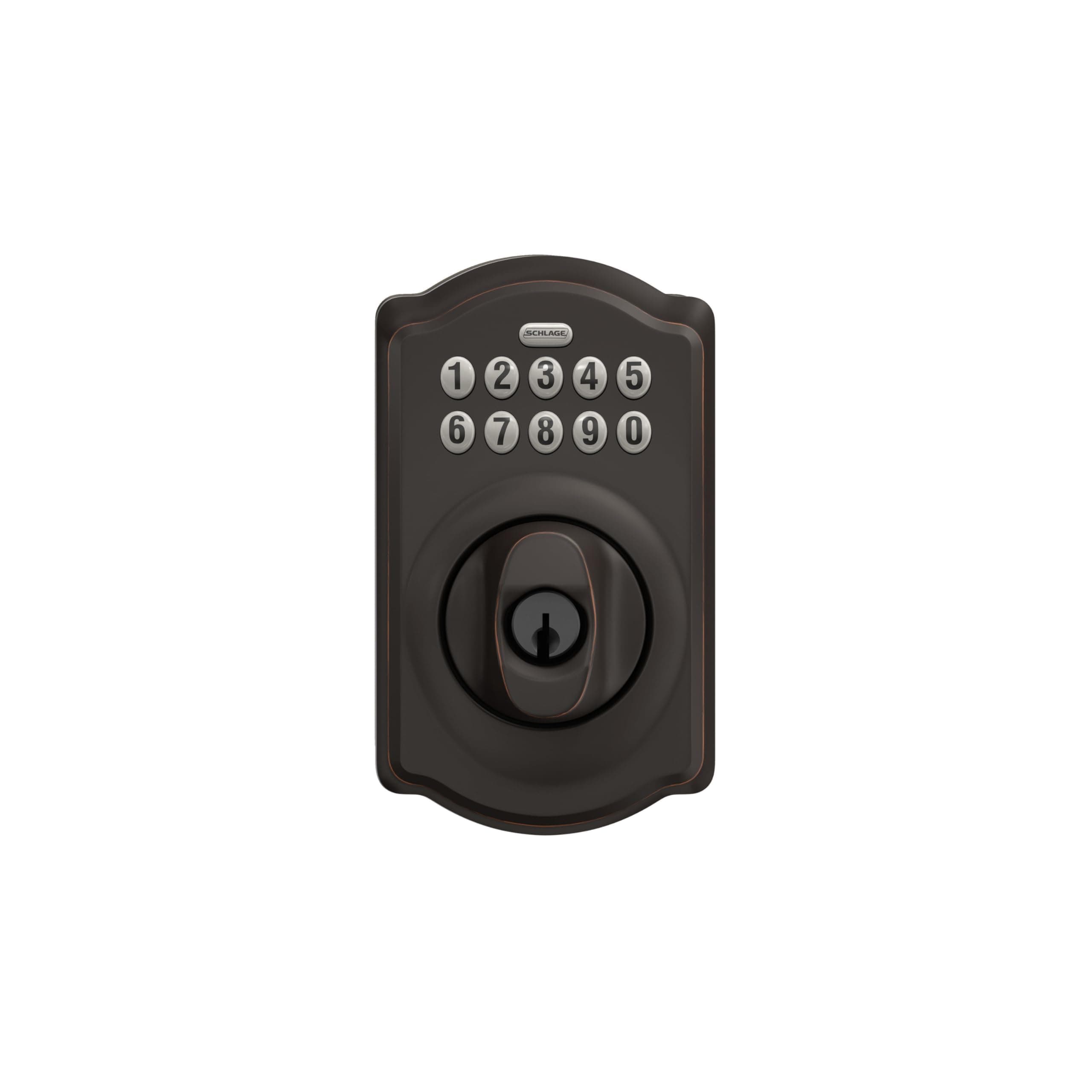 Schlage Camelot Electronic Keypad Deadbolt Lock, Keyless Front Door Entry, Mechanical Key Backup Included, Aged Bronze, BE365 V CAM 716 - Image 6