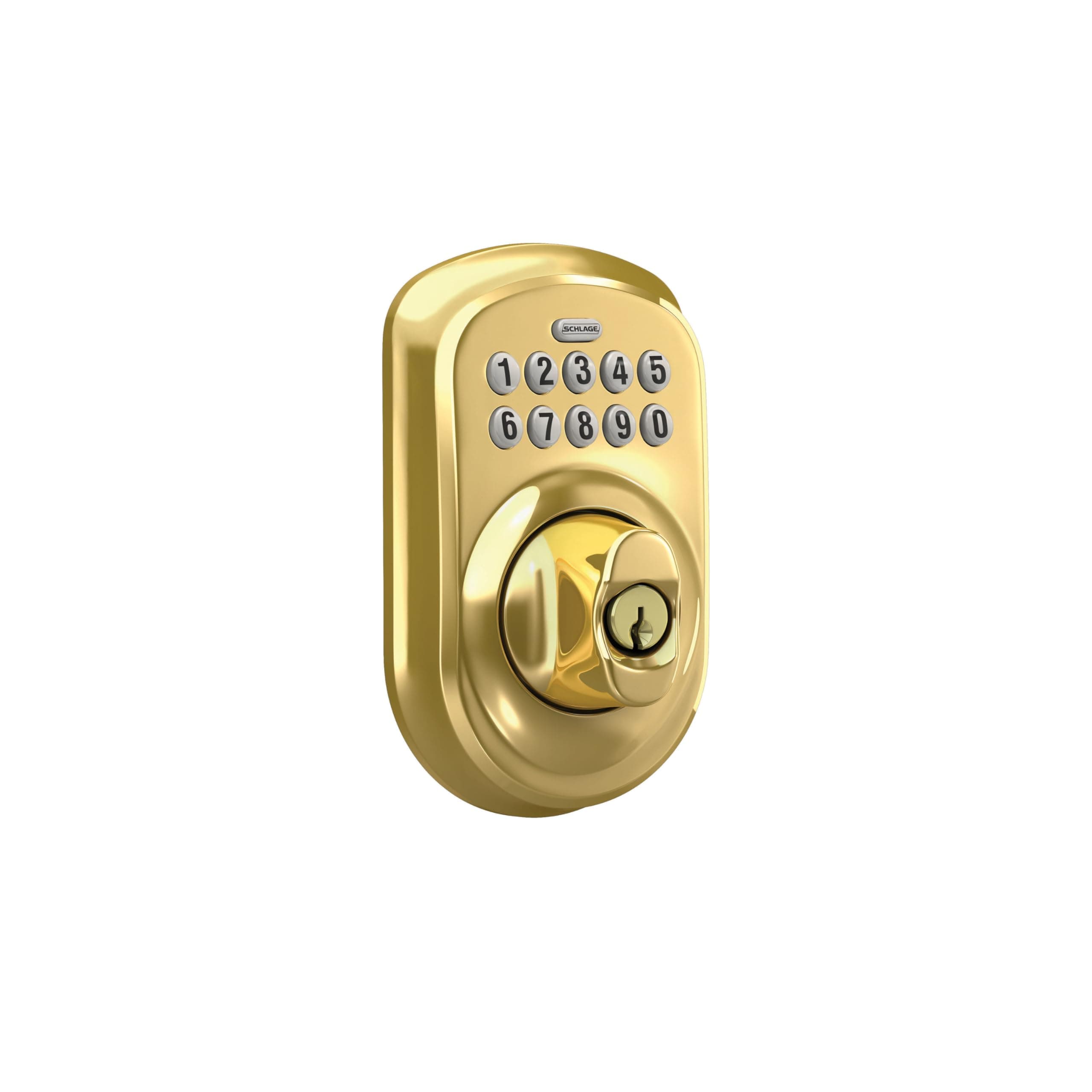 Schlage Plymouth Electronic Keypad Deadbolt Lock, Keyless Front Door Entry, Mechanical Key Backup Included, Bright Brass, BE365 PLY 505 - Image 2