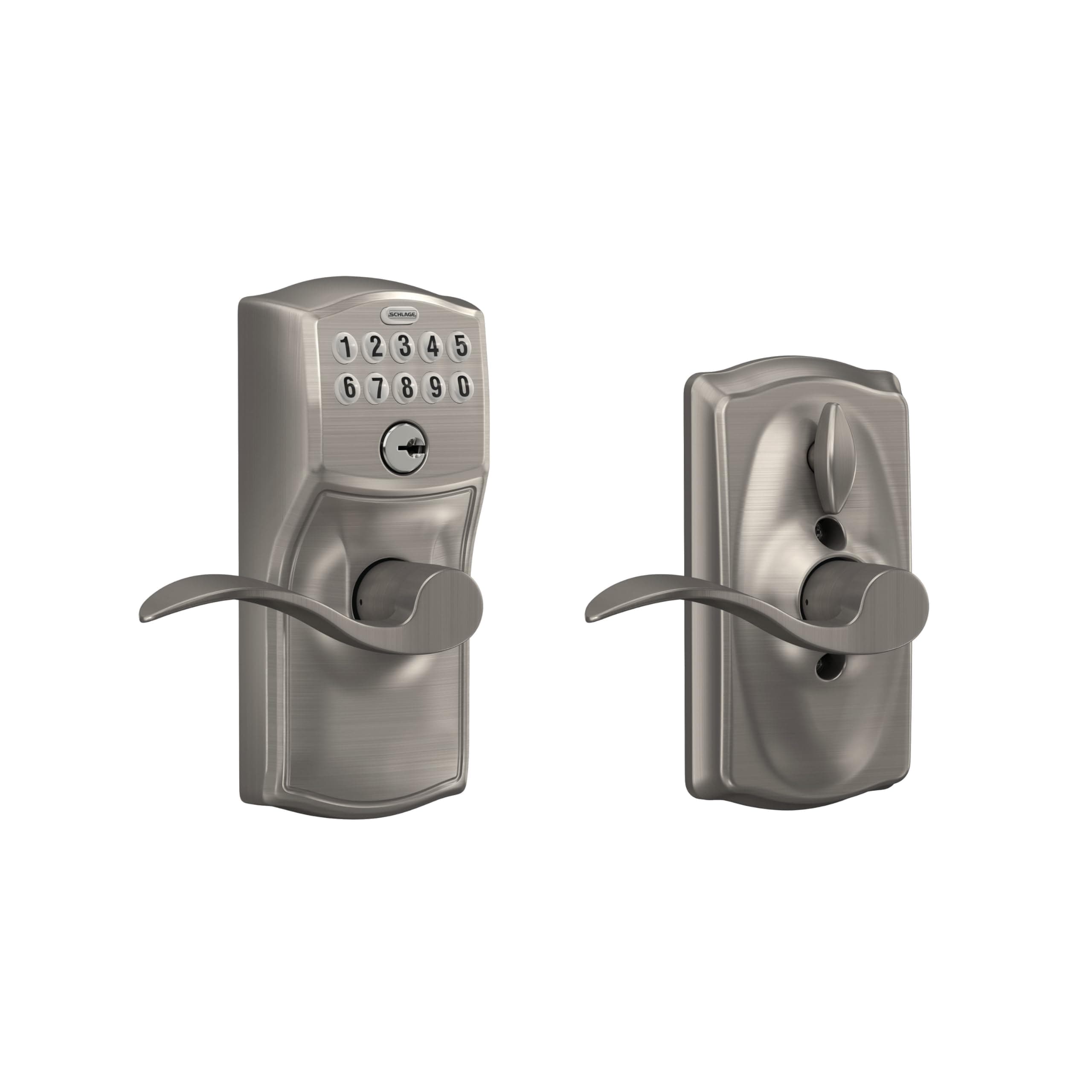 Schlage Camelot Keypad Lock with Lever Handle, Electronic Keyless Door Entry, Flex Lock Auto‑Lock Option, Satin Nickel, FE595 V CAM 619 ACC