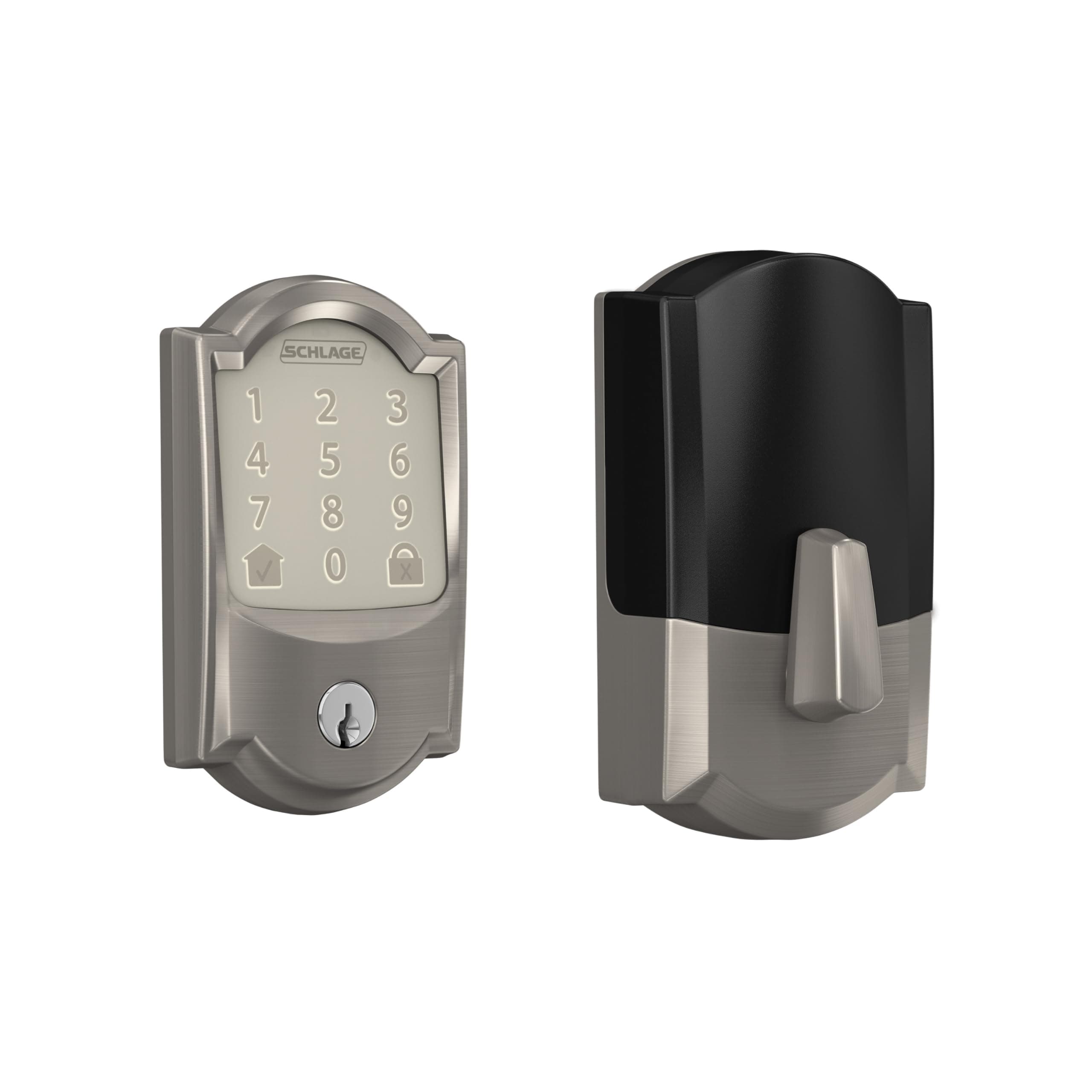 Schlage Encode Smart Wi-Fi Deadbolt Lock with Touchscreen Keypad, Keyless Front Door Entry, App Control, Alexa, Google Home and Airbnb Compatible, Satin Nickel, BE489WB CAM 619
