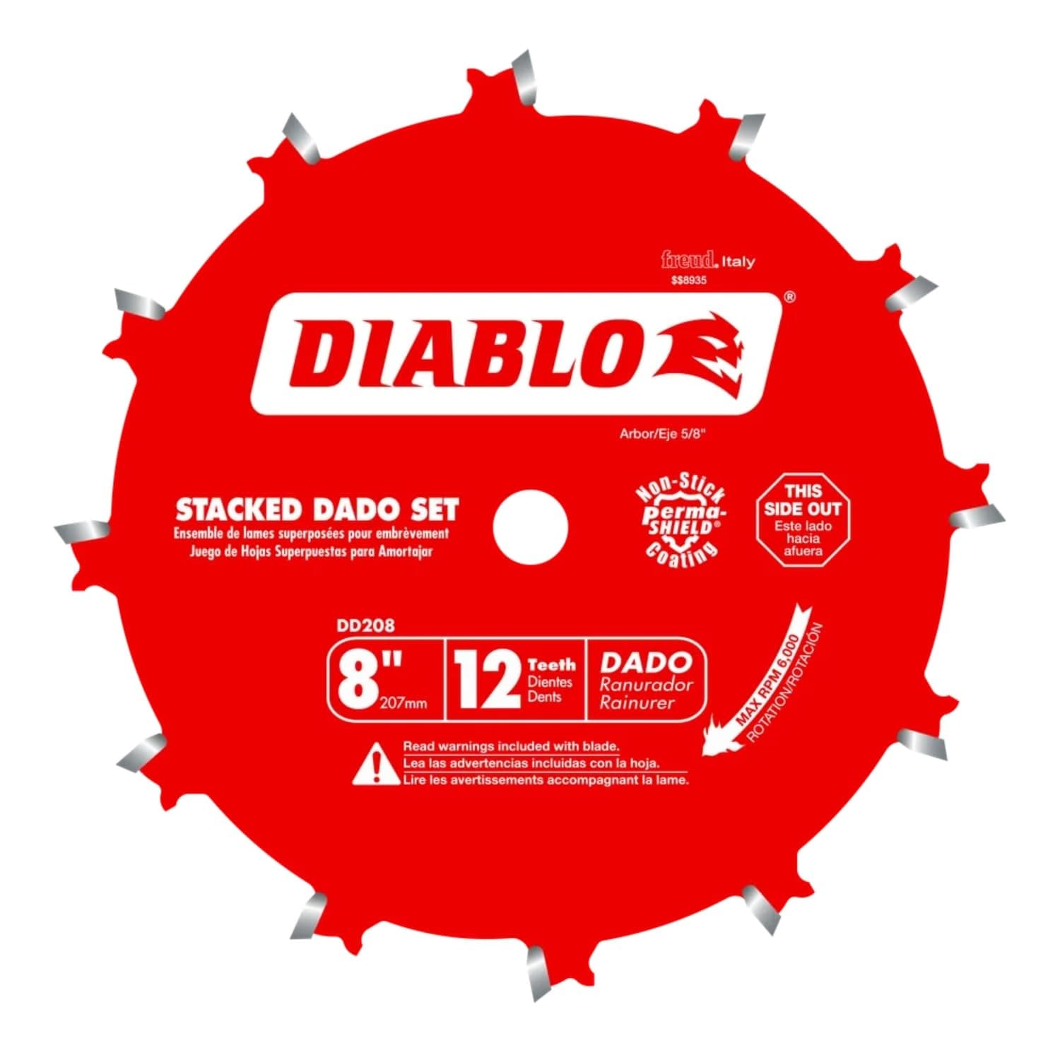 Diablo Carbide Stacked Dado Saw Blade Set - 2 Blades, 2 Wing Chippers, Shims and Carrying Case - 8" Diameter, 12 Teeth, 5/8" Arbor, -5° Hook Angle, 9000 Max RPM - DD208H