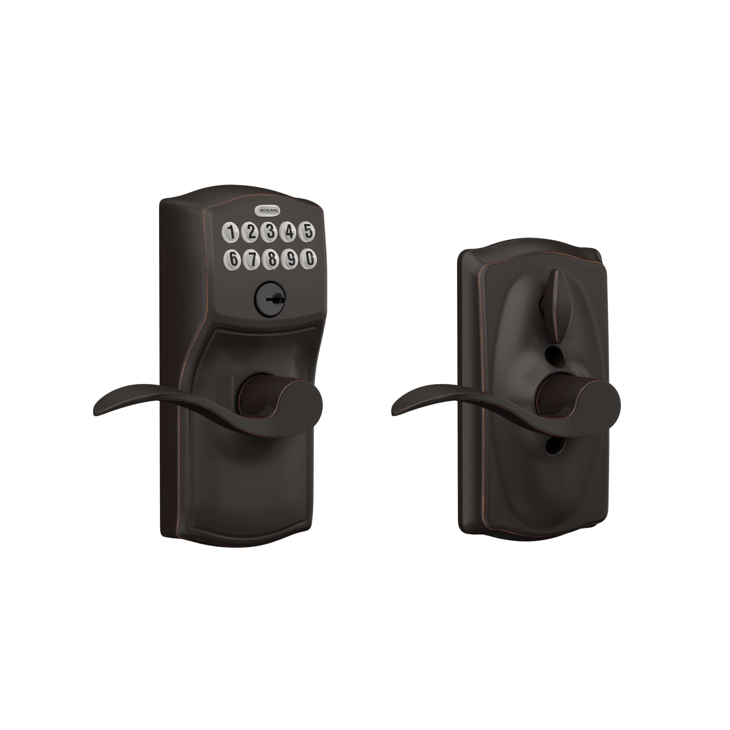 Schlage Camelot Keypad Lock with Lever Handle, Electronic Keyless Door Entry, Flex Lock Auto‑Lock Option, Aged Bronze, FE595 CAM 716 ACC