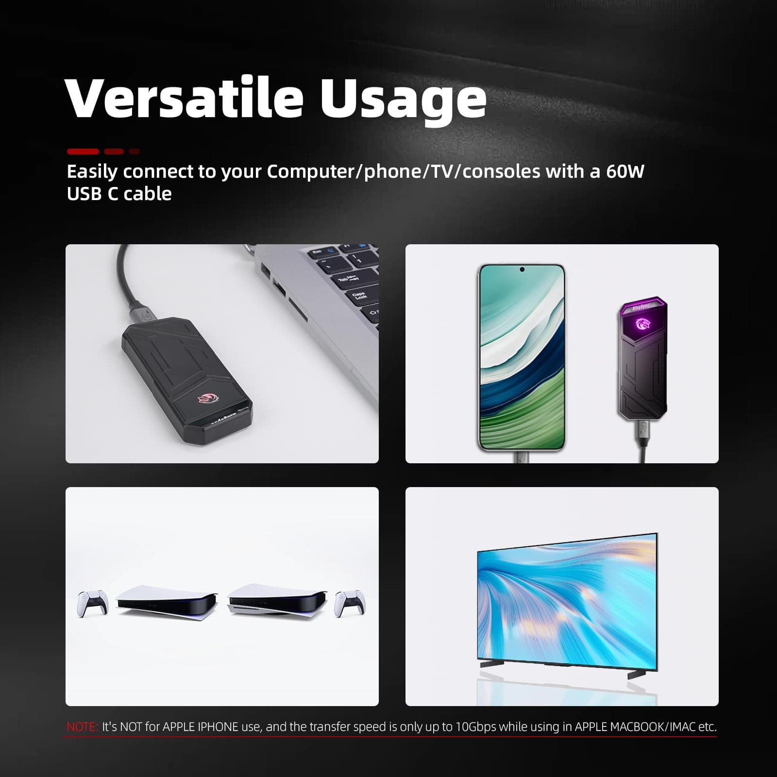 KingSpec Z5 4TB Portable External SSD with RGB Light - up to 2100MB/s, Zinc Alloy Case, USB 3.2 Gen2x2 Interface, Extreme Solid State Hard Drives, Compatible with Mobile Phone/PS4/Laptop/TV/PC (4TB) - Image 6