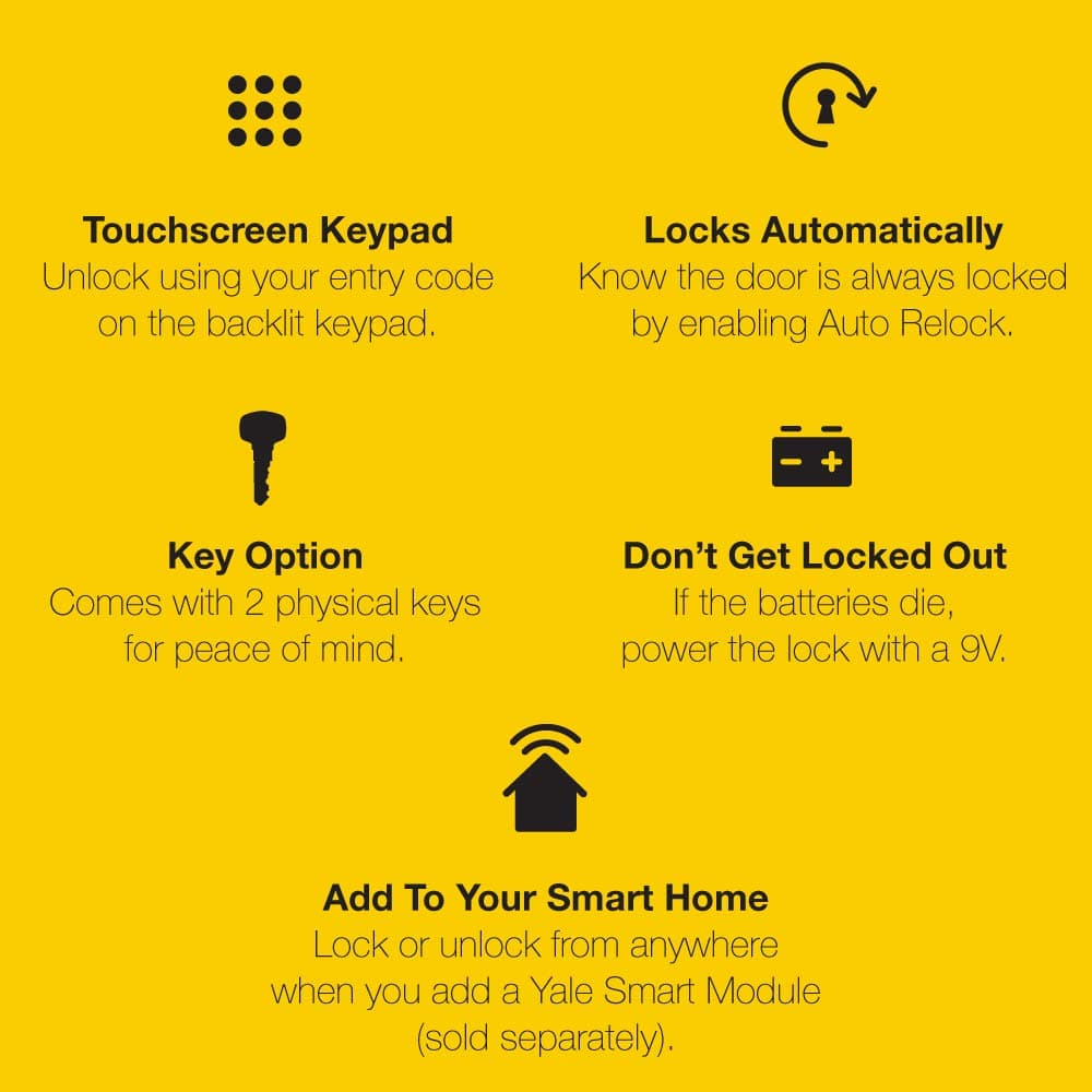 Yale Assure Electronic Door Handle with Touchscreen, Satin Nickel Non-Connected Keypad Provides Keyless Entry with Pin Code, One-Touch, or Auto-Locking, ‎YRL226-NR-619 - Image 2