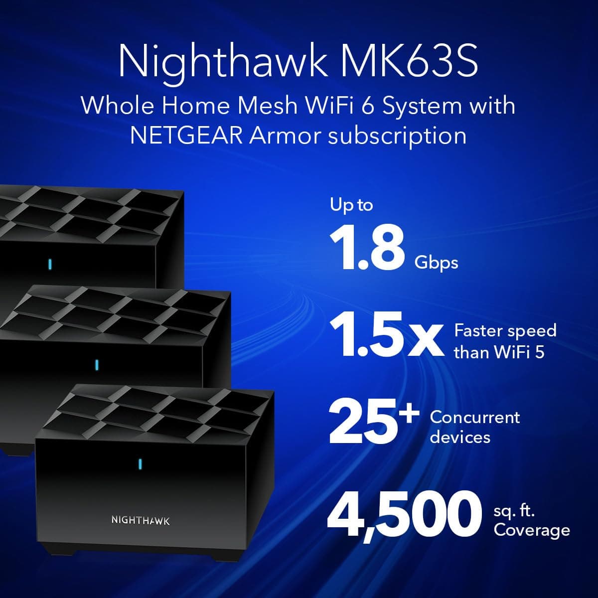 NETGEAR Nighthawk Advanced Whole Home Mesh WiFi 6 System (MK63S) with Free Armor Security – AX1800 Router with 2 Satellite Extenders, Coverage up to 4,500 sq. ft. and 25+ Devices - Image 2
