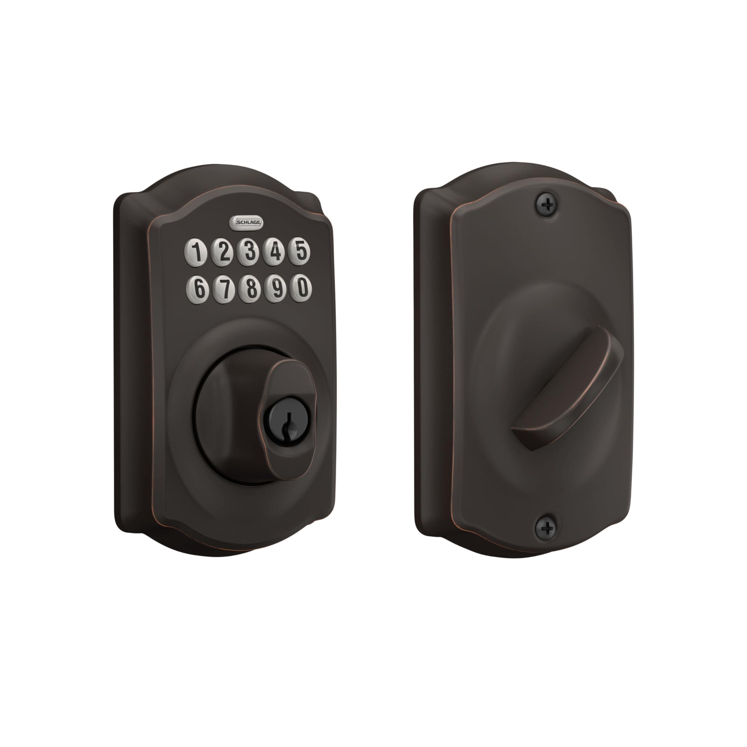 Schlage Camelot Electronic Keypad Deadbolt Lock, Keyless Front Door Entry, Mechanical Key Backup Included, Aged Bronze, BE365 V CAM 716