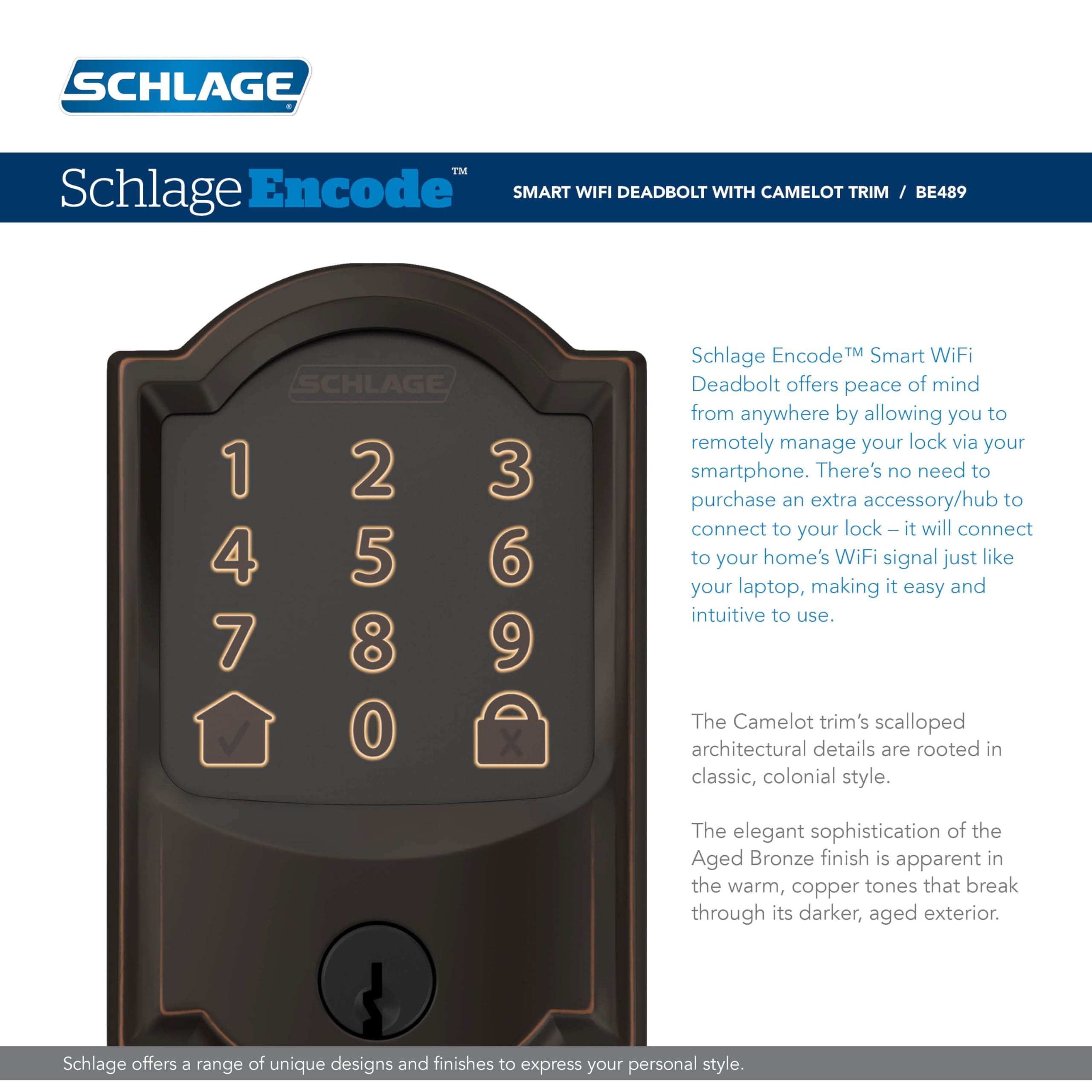 SCHLAGE BE375 CAM 716 Camelot Touch Deadbolt, Aged Bronze - Image 2