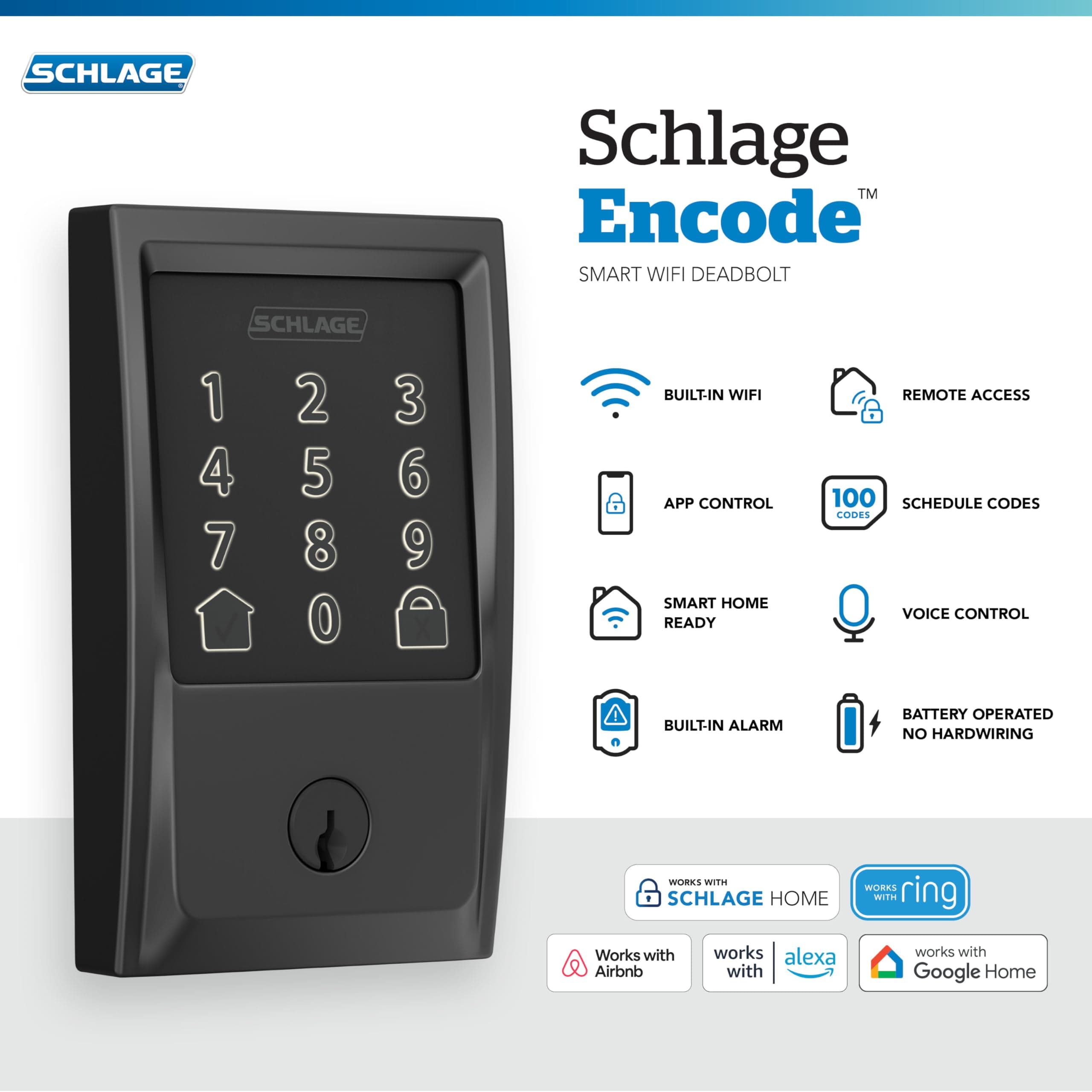Schlage Encode Smart Wi-Fi Deadbolt Lock with Touchscreen Keypad, Keyless Front Door Entry, App Control, Alexa, Google Home and Airbnb Compatible, Matte Black, BE489WB CEN 622 - Image 2