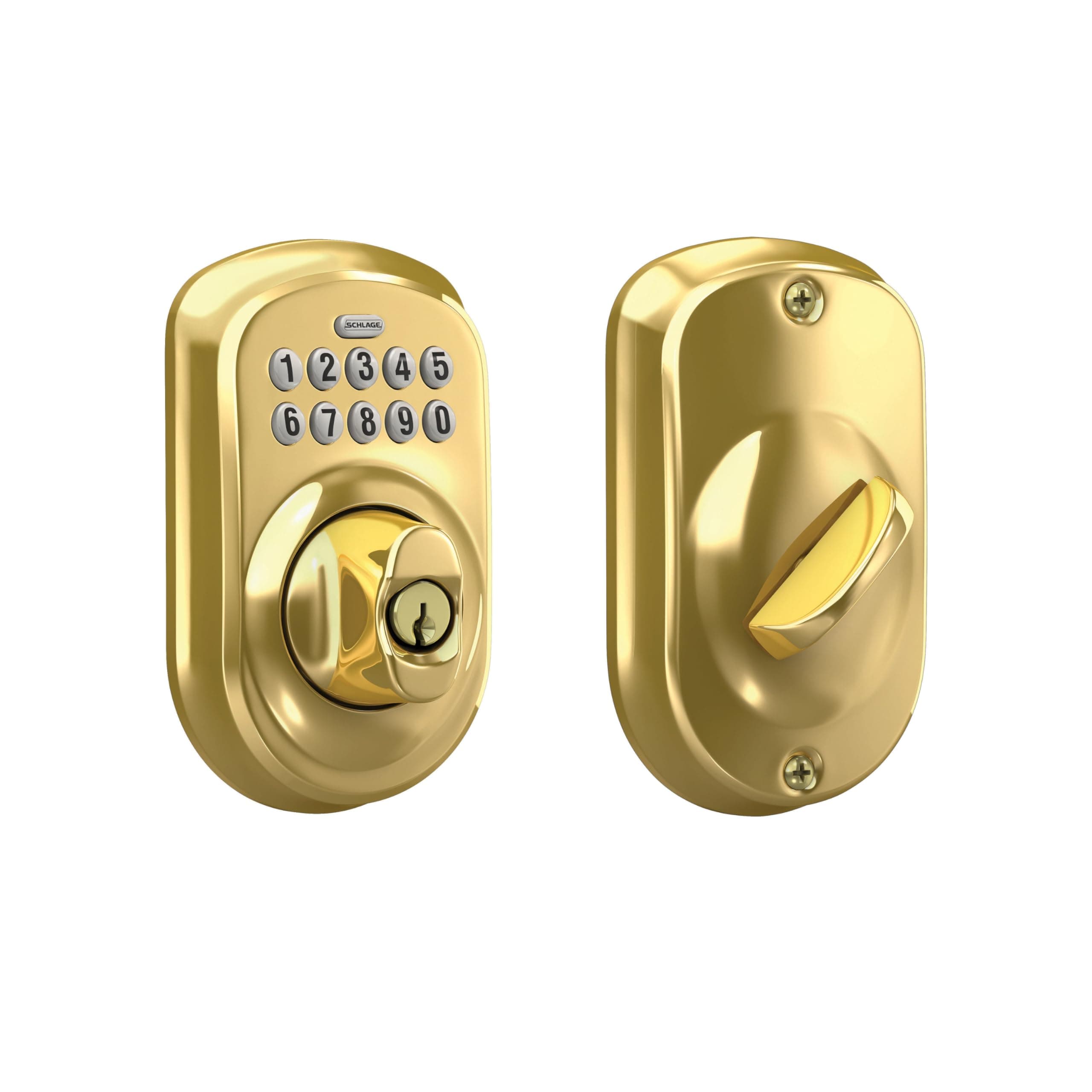 Schlage Plymouth Electronic Keypad Deadbolt Lock, Keyless Front Door Entry, Mechanical Key Backup Included, Bright Brass, BE365 PLY 505