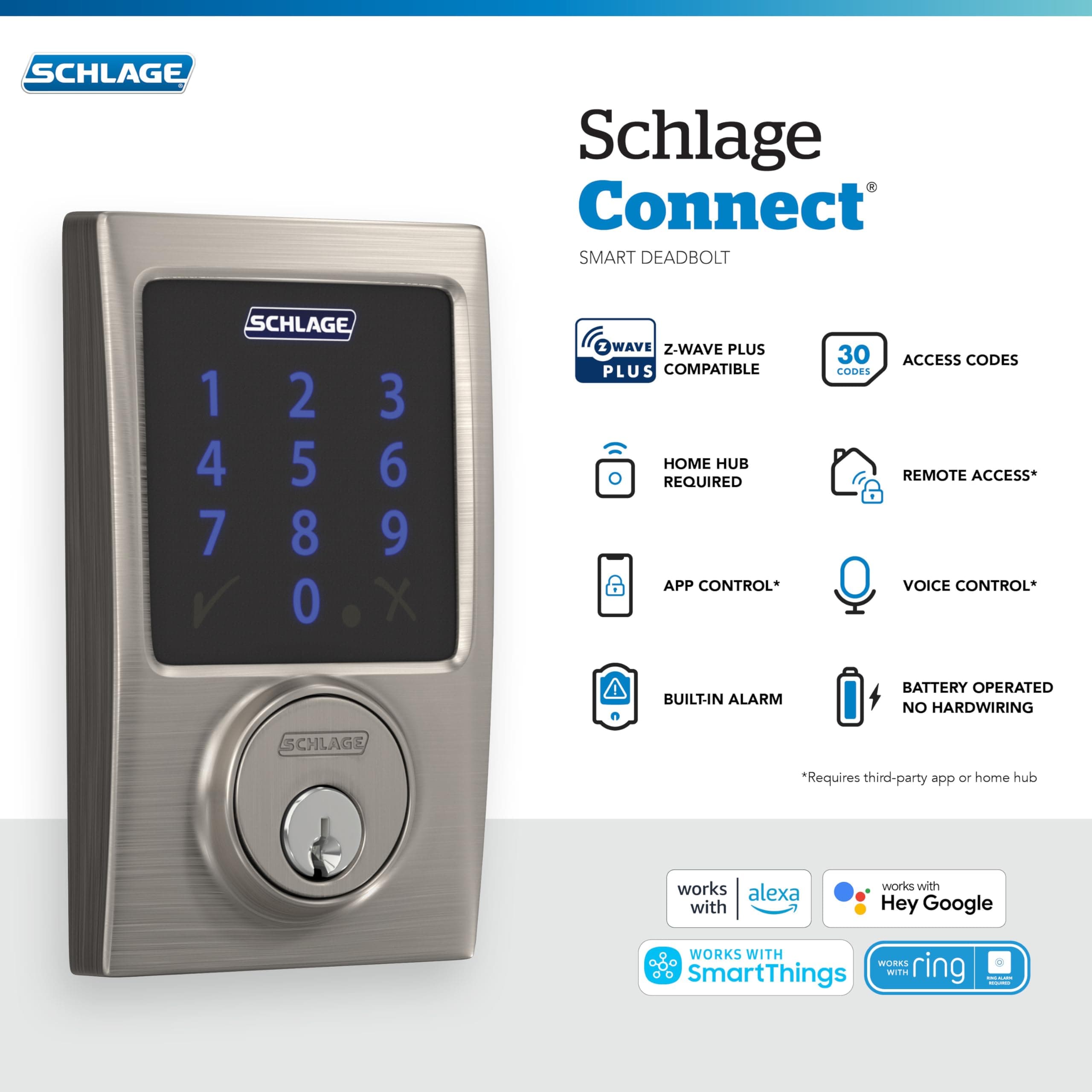 SCHLAGE BE469ZP CEN 625 Connect Smart Deadbolt with alarm with Century Trim in Bright Chrome, Z-Wave Plus enabled, 3 x 8 x 2 inches - Image 2