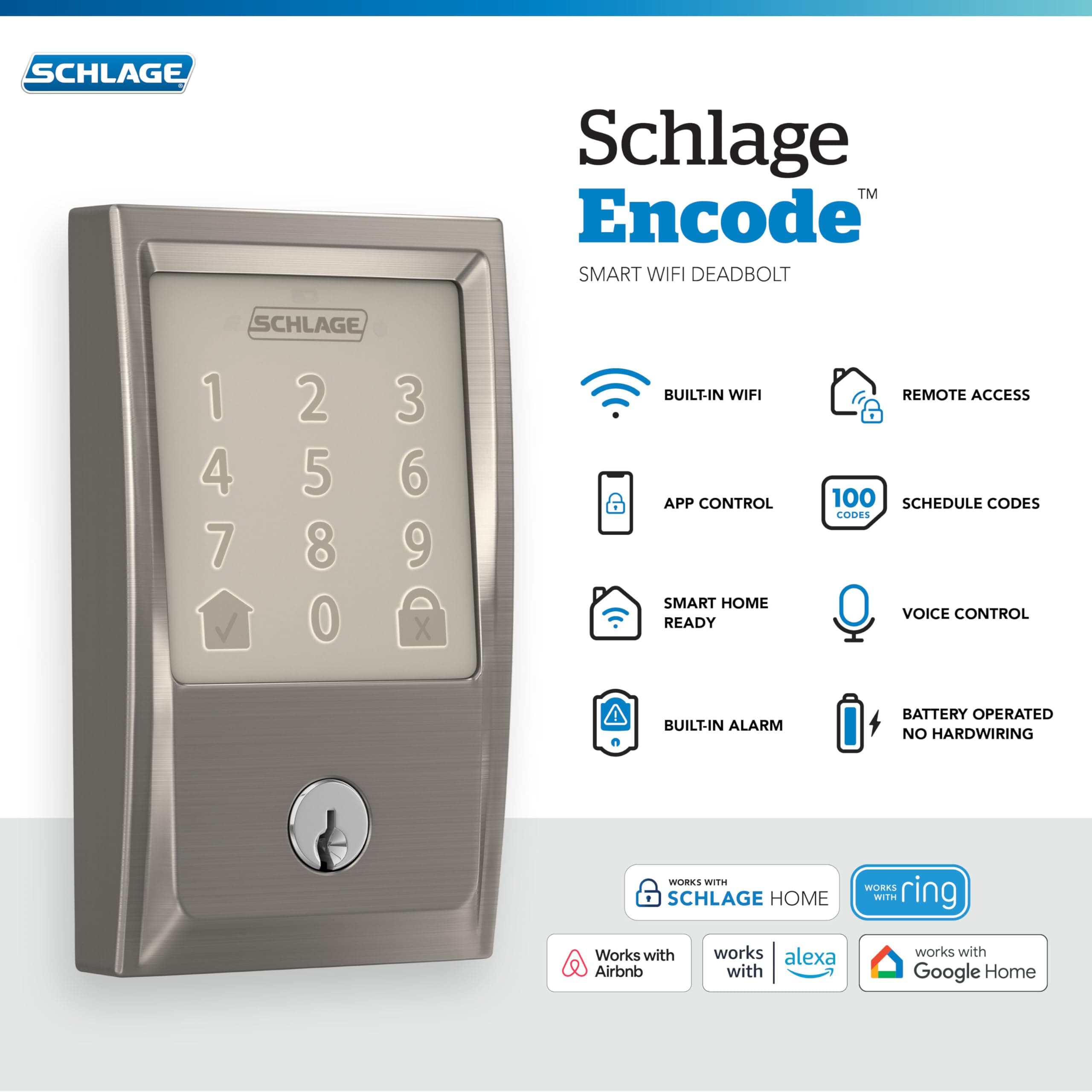 Schlage Encode Smart Wi-Fi Deadbolt Lock with Touchscreen Keypad, Keyless Front Door Entry, App Control, Alexa, Google Home and Airbnb Compatible, Satin Nickel, BE489WB CEN 619 - Image 2