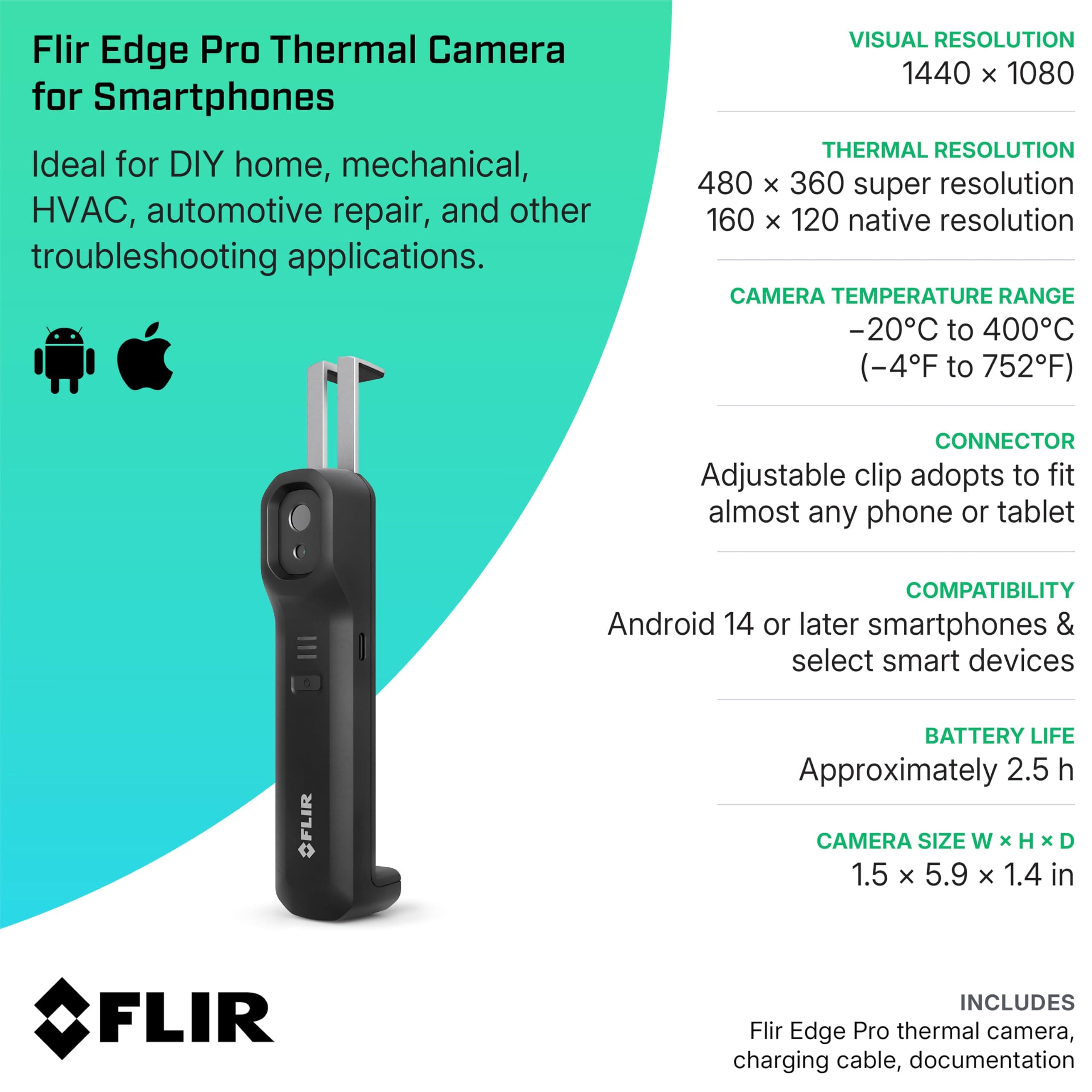 Flir Edge Pro - Wireless Bluetooth Thermal Imaging Camera for Smartphones, Compatible with All iOS and Android Devices, 480x360 Super Resolution (160x120 Native IR) - Image 9