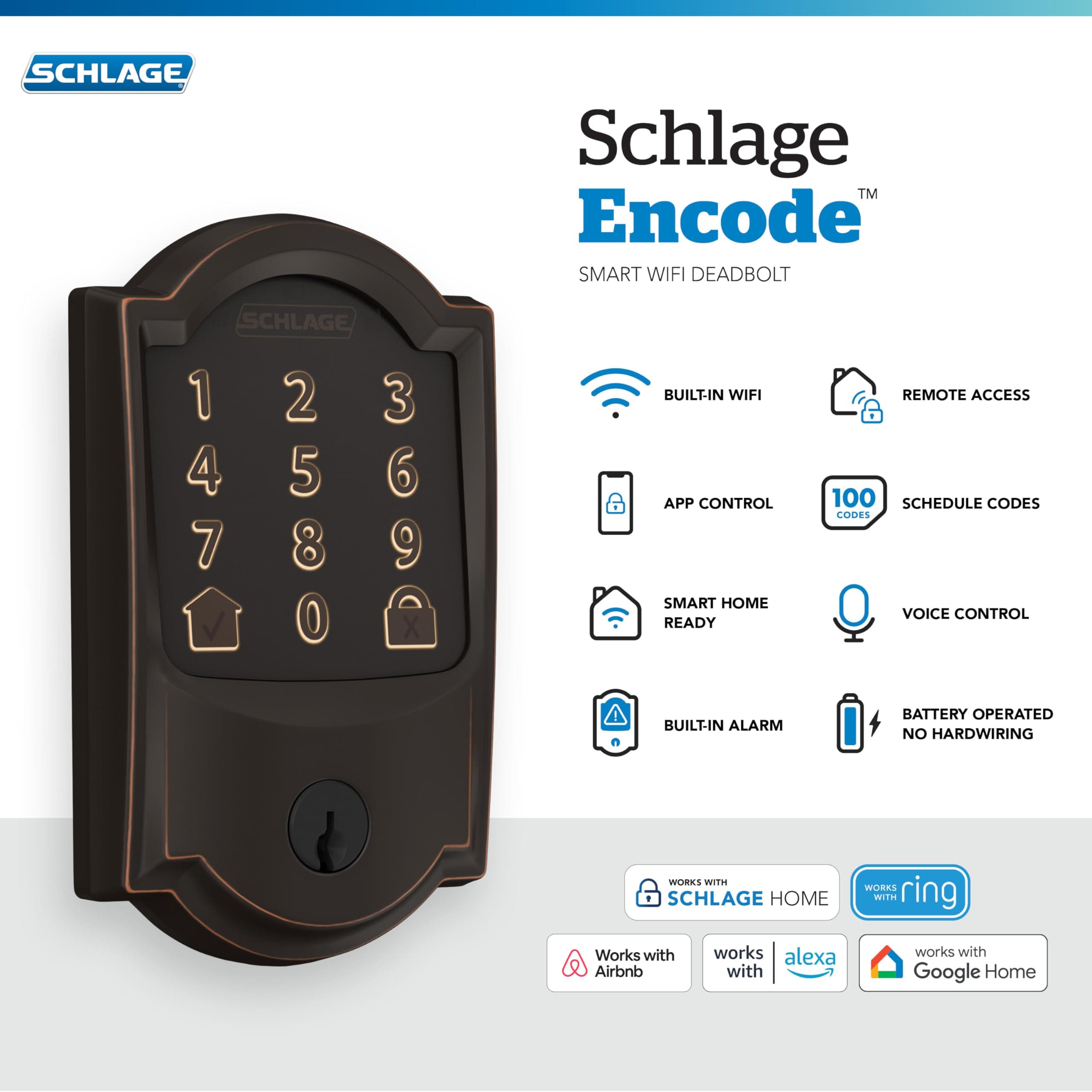 Schlage Encode Smart Wi-Fi Deadbolt Lock with Touchscreen Keypad, Keyless Front Door Entry, App Control, Alexa, Google Home and Airbnb Compatible, Aged Bronze, BE489WB CAM 716 - Image 2