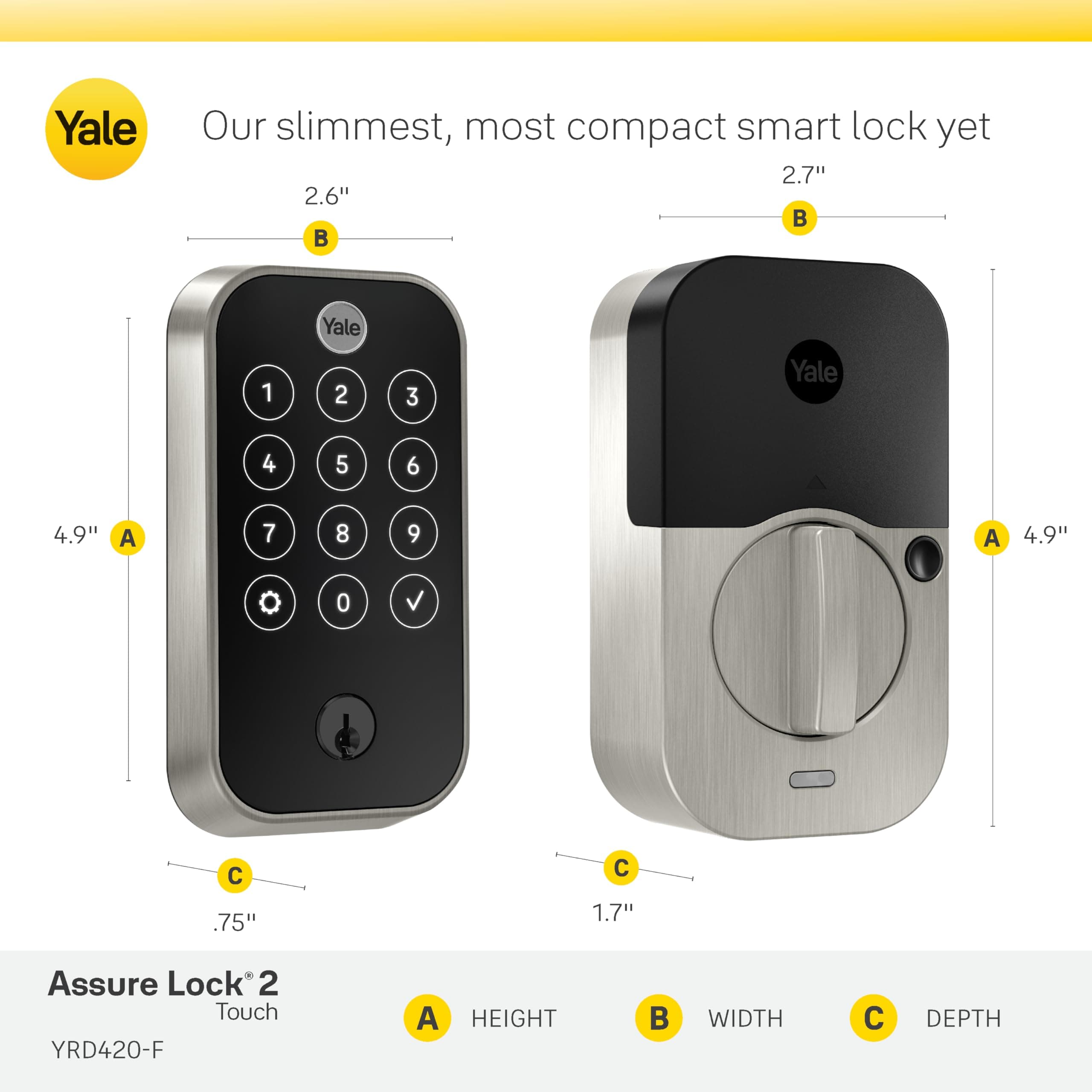 Yale Assure Lock 2 Touch Deadbolt, Satin Nickel Keyed Smart Entry Door Lock with Wi-Fi Connected Touchscreen and Fingerprint Scanner, YRD420-F-WF1-619 - Image 4