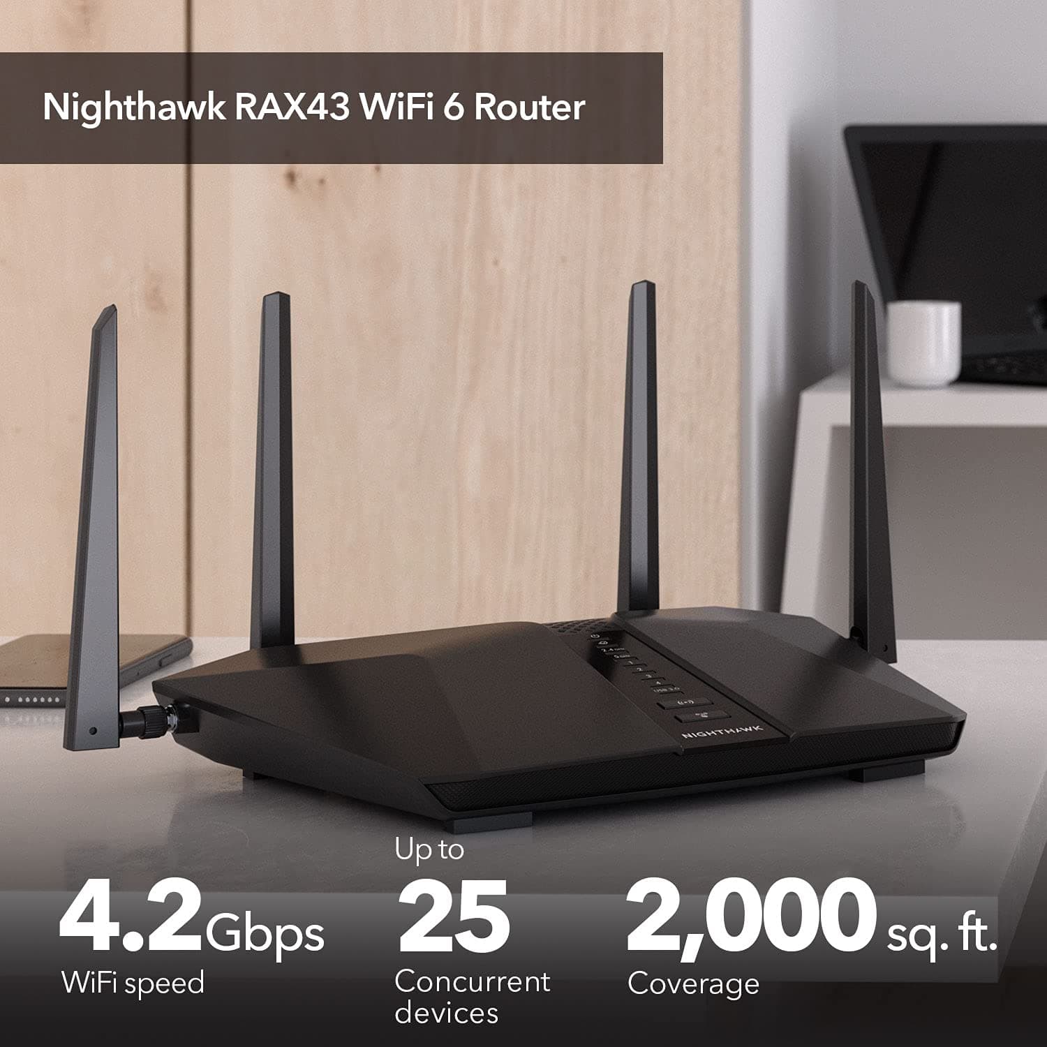 NETGEAR Nighthawk WiFi 6 Router (RAX43) - Security Features, 5-Stream Dual-Band Gigabit Router, AX4200 Wireless Speed (Up to 4.2 Gbps), Covers up to 2,500 sq.ft. and 25 Devices - Image 2