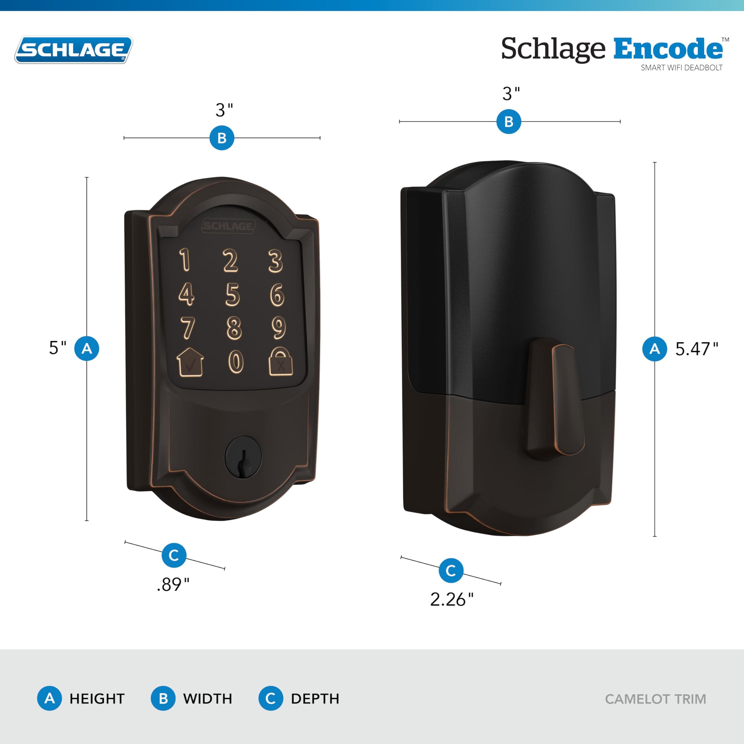 Schlage Encode Smart Wi-Fi Deadbolt Lock with Touchscreen Keypad, Keyless Front Door Entry, App Control, Alexa, Google Home and Airbnb Compatible, Aged Bronze, BE489WB CAM 716 - Image 3
