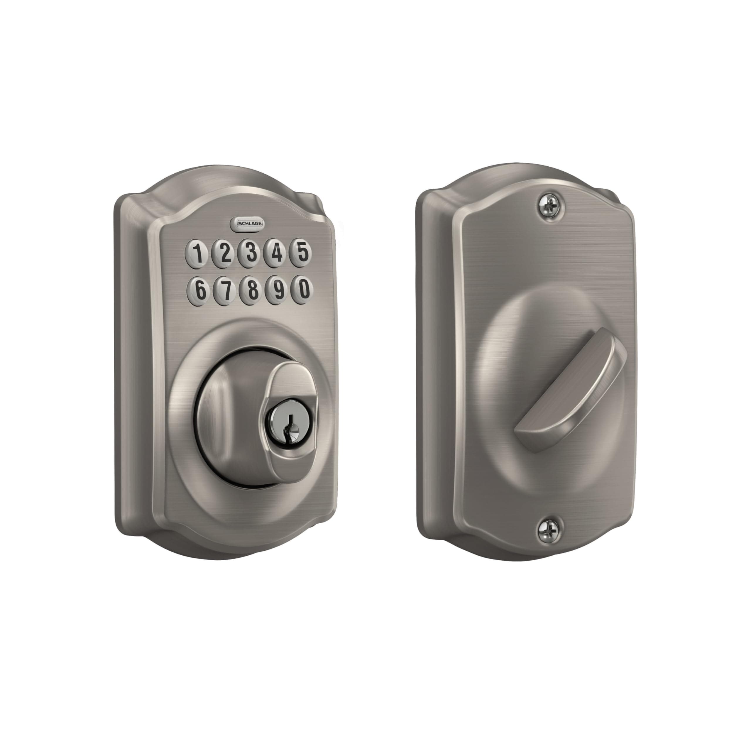 Schlage Camelot Electronic Keypad Deadbolt Lock, Keyless Front Door Entry, Mechanical Key Backup Included, Satin Nickel, BE365 V CAM 619