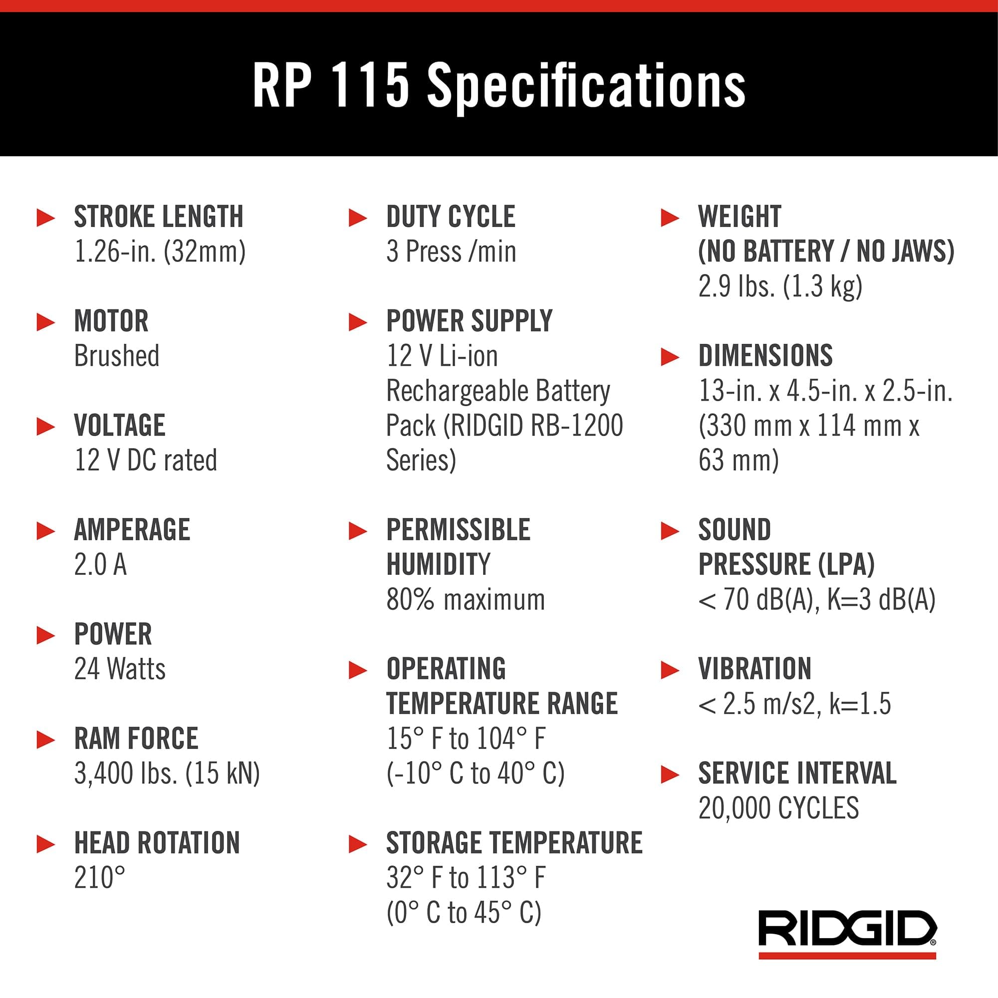 RIDGID 72553 Model RP 115 Mini Press Tool and Battery Kit with 1/2" to 3/4" ProPress Press Tool Jaws, 2V Li/Ion Battery, 12V Charger, and Carrying Case , Red - Image 7