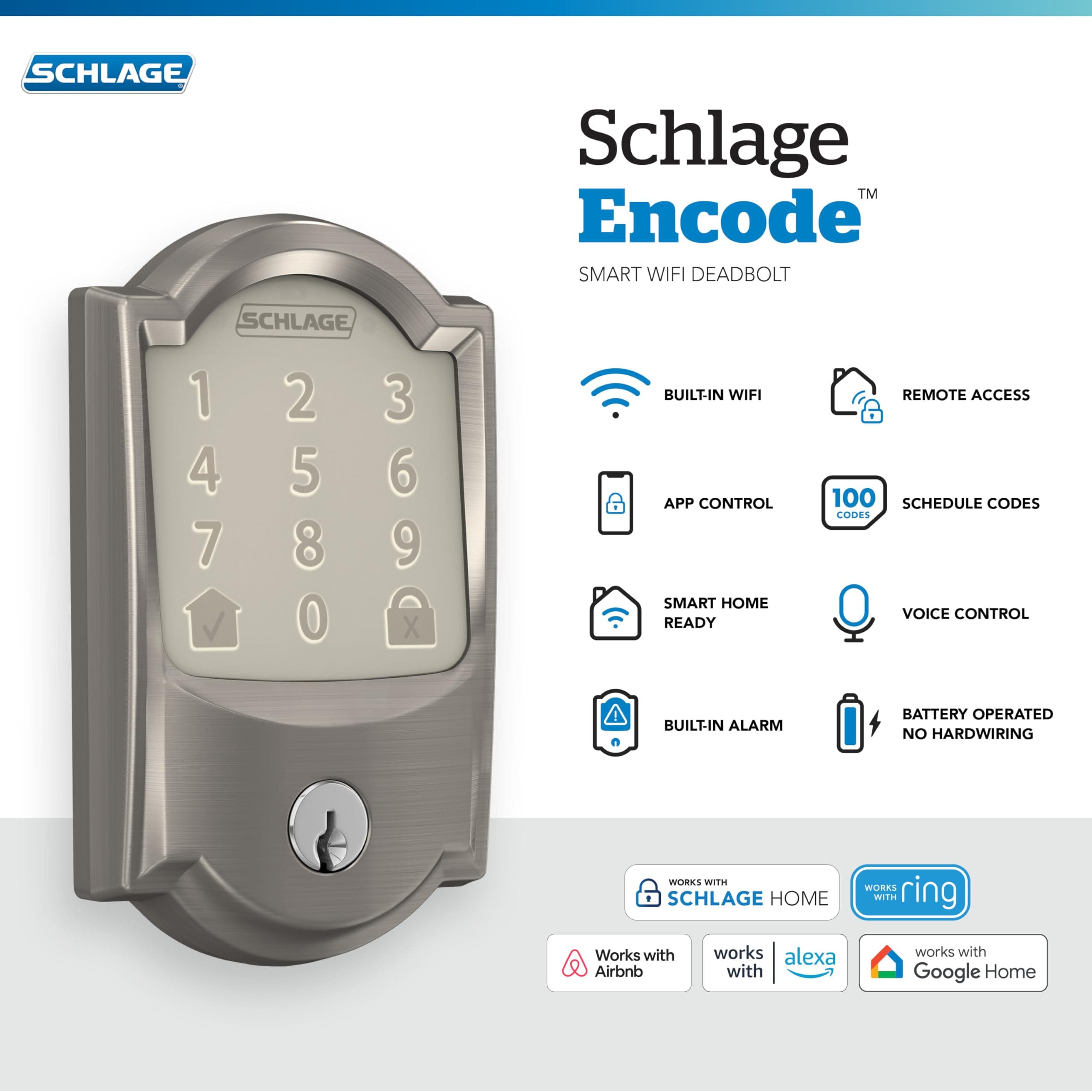 Schlage Encode Smart Wi-Fi Deadbolt Lock with Touchscreen Keypad, Keyless Front Door Entry, App Control, Alexa, Google Home and Airbnb Compatible, Satin Nickel, BE489WB CAM 619 - Image 2
