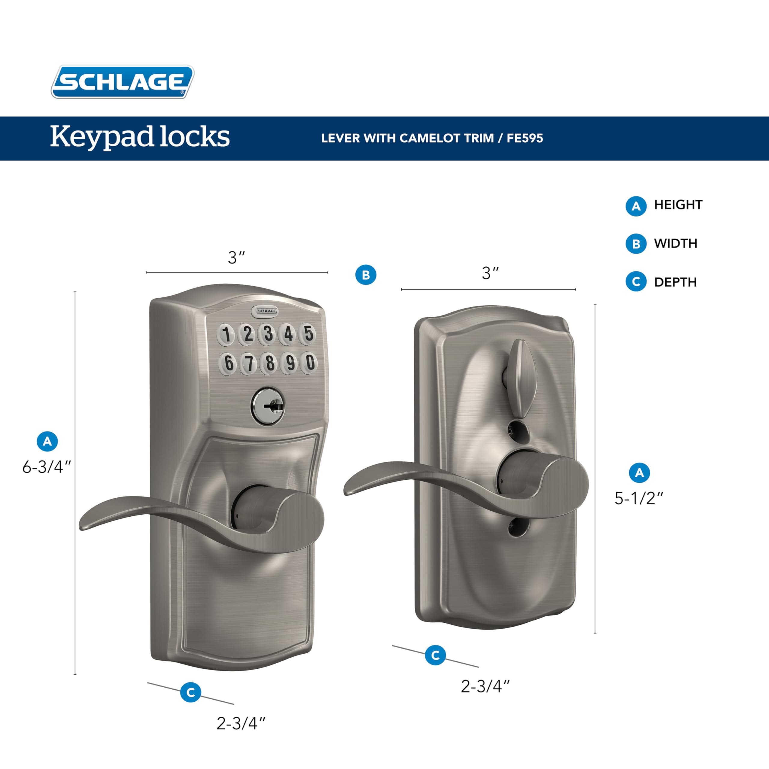 Schlage Camelot Keypad Lock with Lever Handle, Electronic Keyless Door Entry, Flex Lock Auto‑Lock Option, Satin Nickel, FE595 V CAM 619 ACC - Image 3