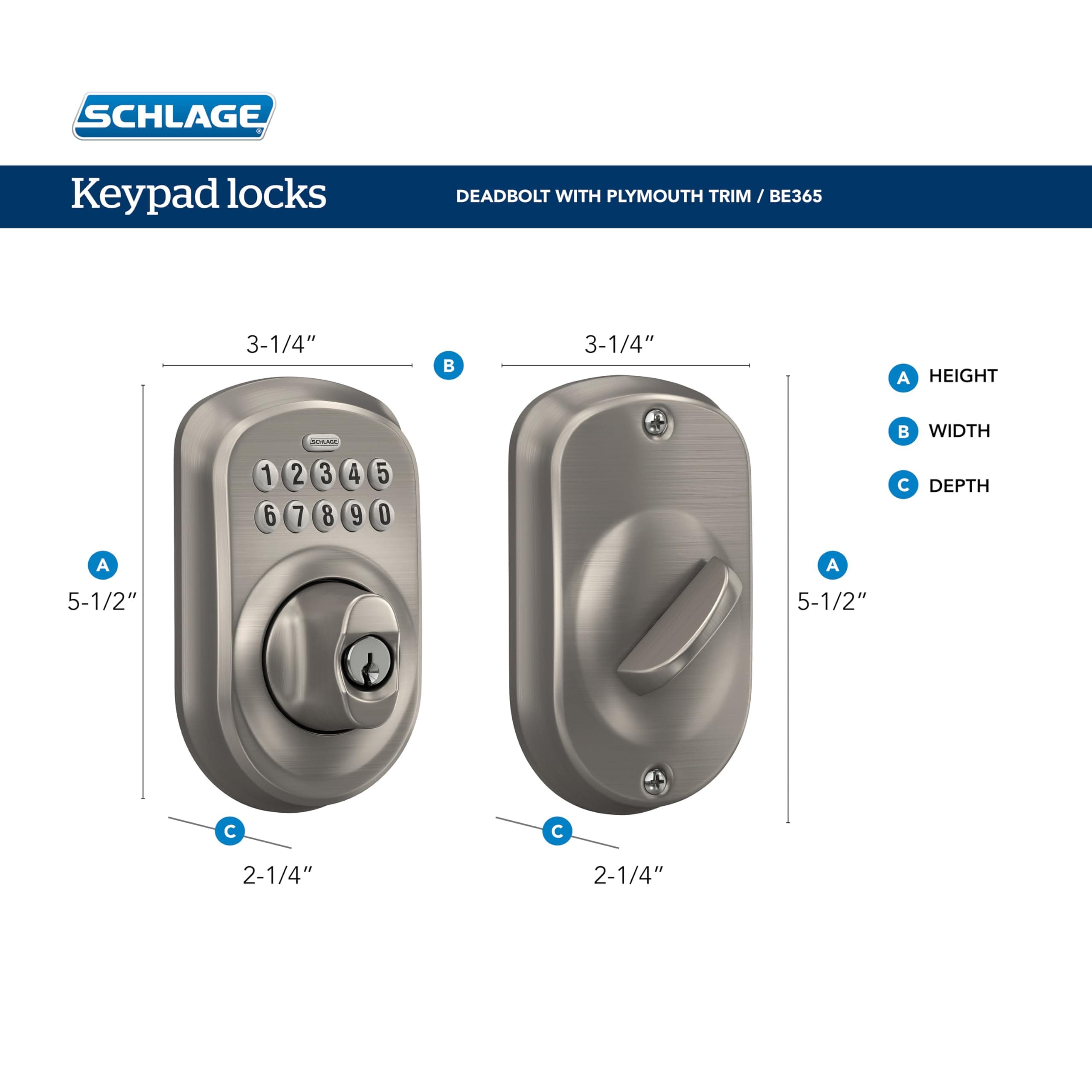 Schlage Plymouth Electronic Keypad Deadbolt Lock, Keyless Front Door Entry, Mechanical Key Backup Included, Bright Brass, BE365 PLY 505 - Image 3