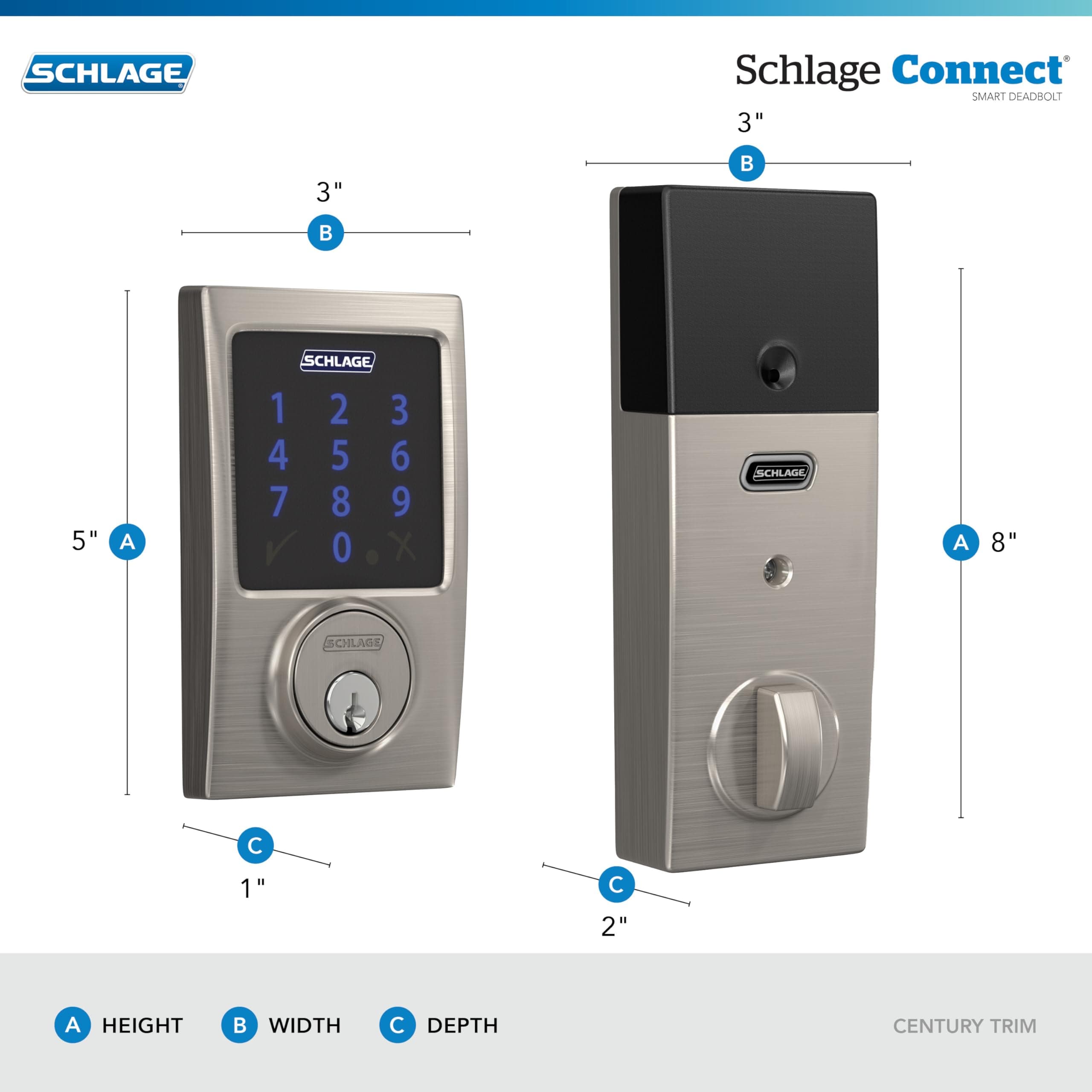 SCHLAGE BE469ZP CEN 625 Connect Smart Deadbolt with alarm with Century Trim in Bright Chrome, Z-Wave Plus enabled, 3 x 8 x 2 inches - Image 3