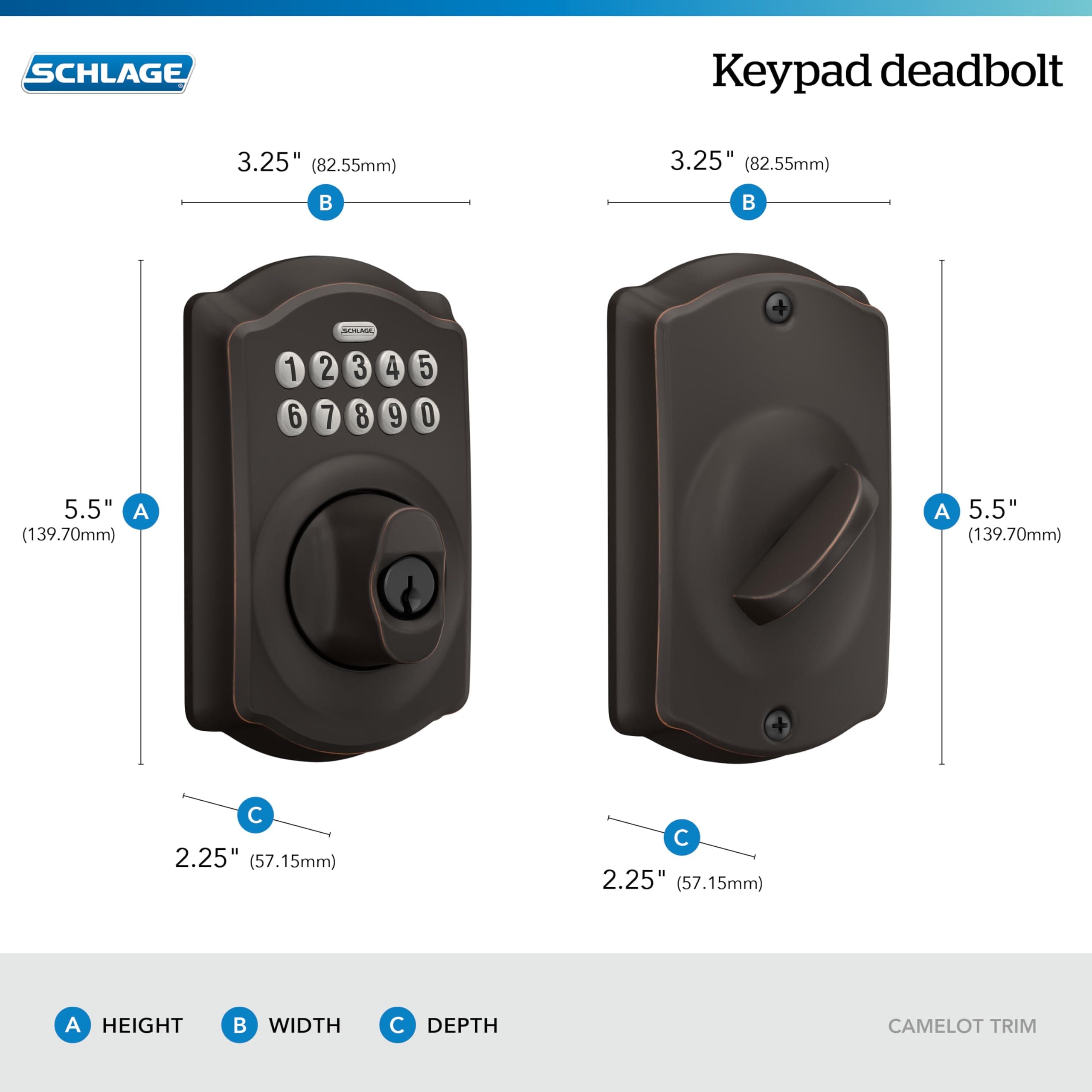 Schlage Camelot Electronic Keypad Deadbolt Lock, Keyless Front Door Entry, Mechanical Key Backup Included, Aged Bronze, BE365 V CAM 716 - Image 3