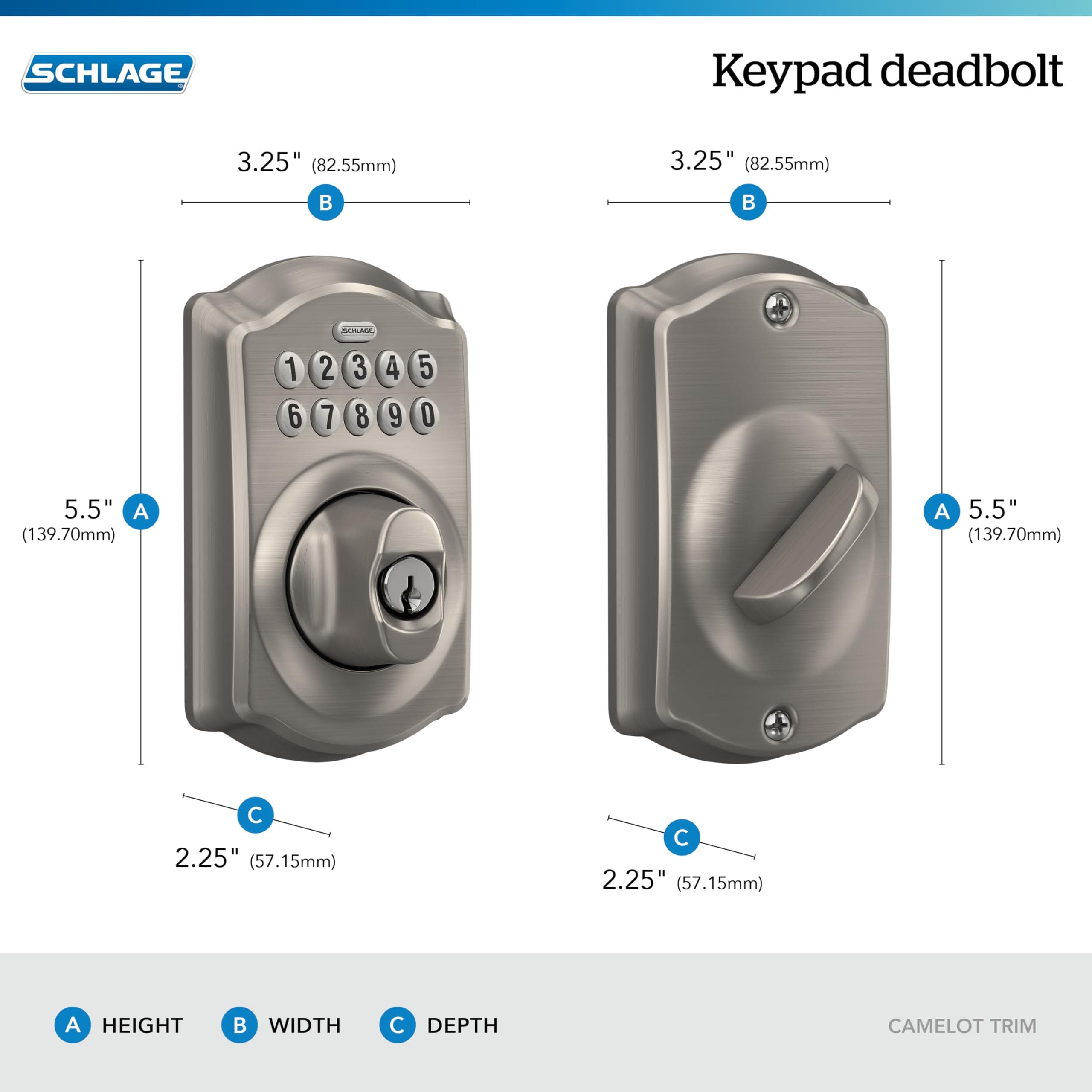Schlage Camelot Electronic Keypad Deadbolt Lock, Keyless Front Door Entry, Mechanical Key Backup Included, Satin Nickel, BE365 V CAM 619 - Image 3
