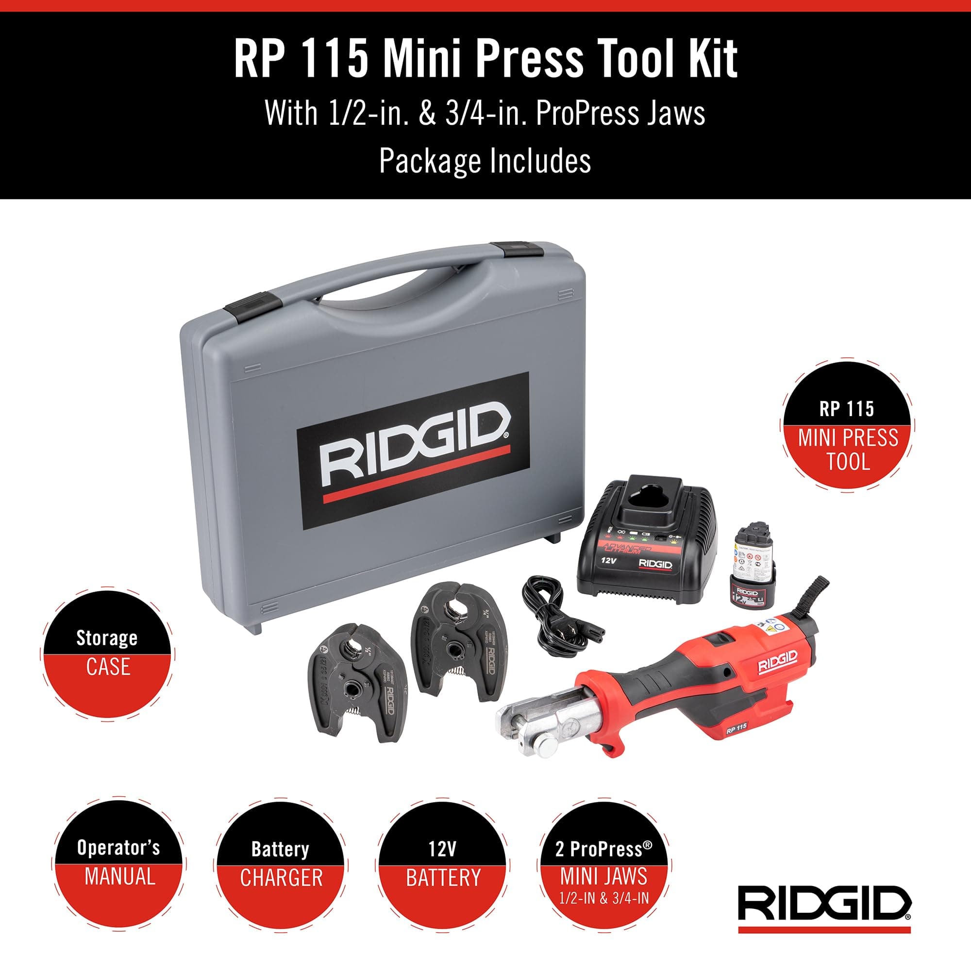 RIDGID 72553 Model RP 115 Mini Press Tool and Battery Kit with 1/2" to 3/4" ProPress Press Tool Jaws, 2V Li/Ion Battery, 12V Charger, and Carrying Case , Red - Image 2