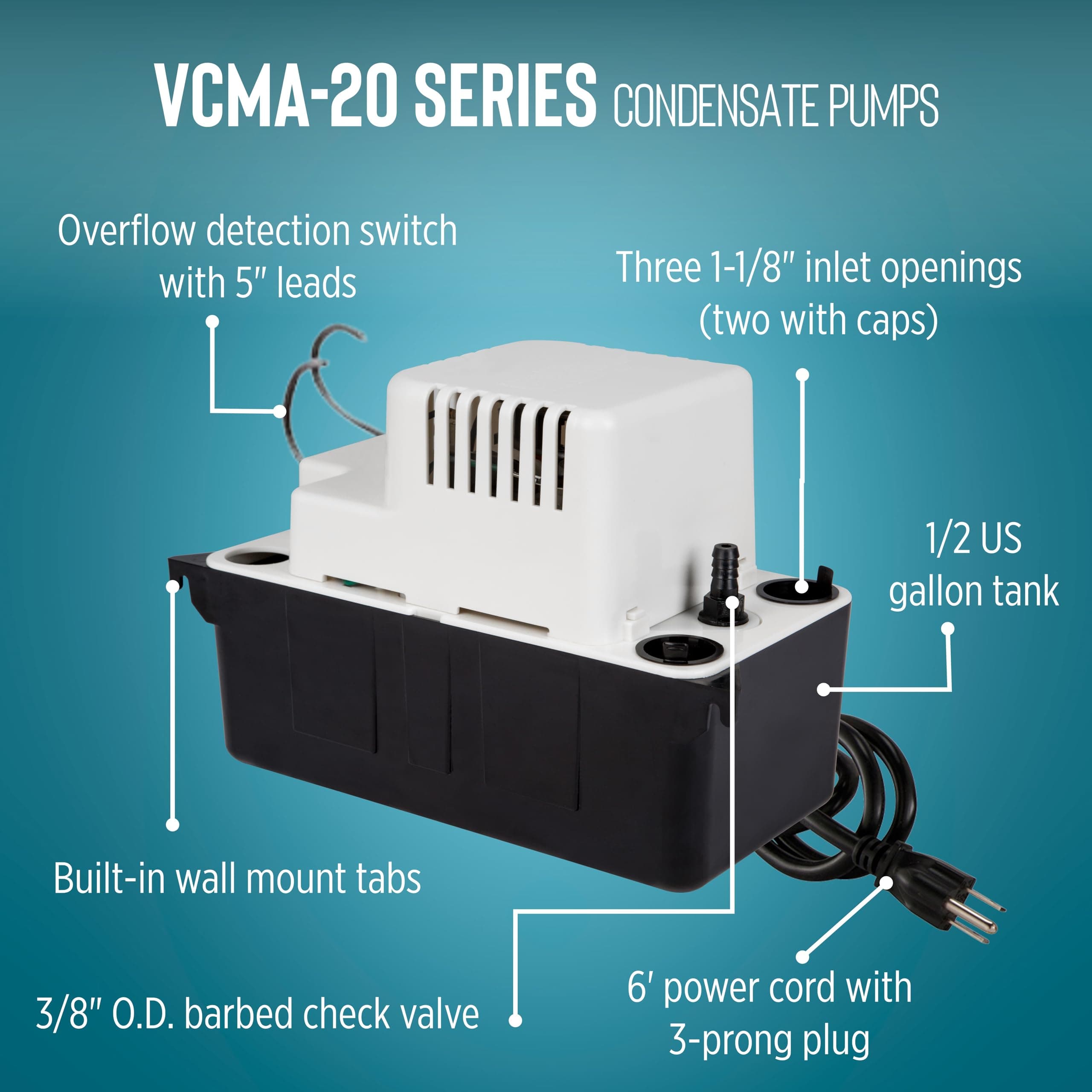 Little Giant VCMA-20ULS 115 Volt, 80 GPH, 1/30 HP Automatic Condensate Removal Pump for HVAC/Refrigeration Systems/Dehumidifiers with Overflow Detection Switch and 6-Foot Cord, White/Black, 554425 - Image 3