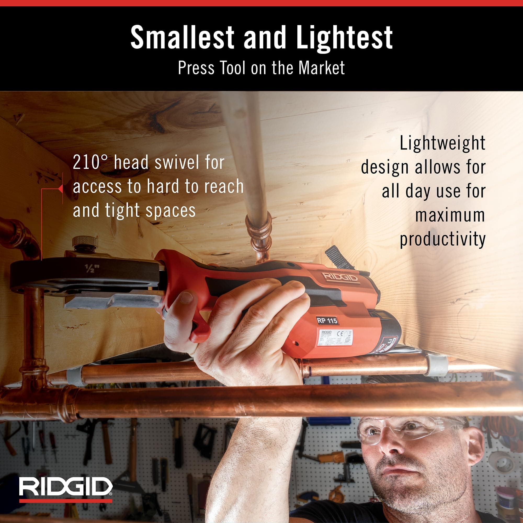 RIDGID 72553 Model RP 115 Mini Press Tool and Battery Kit with 1/2" to 3/4" ProPress Press Tool Jaws, 2V Li/Ion Battery, 12V Charger, and Carrying Case , Red - Image 4