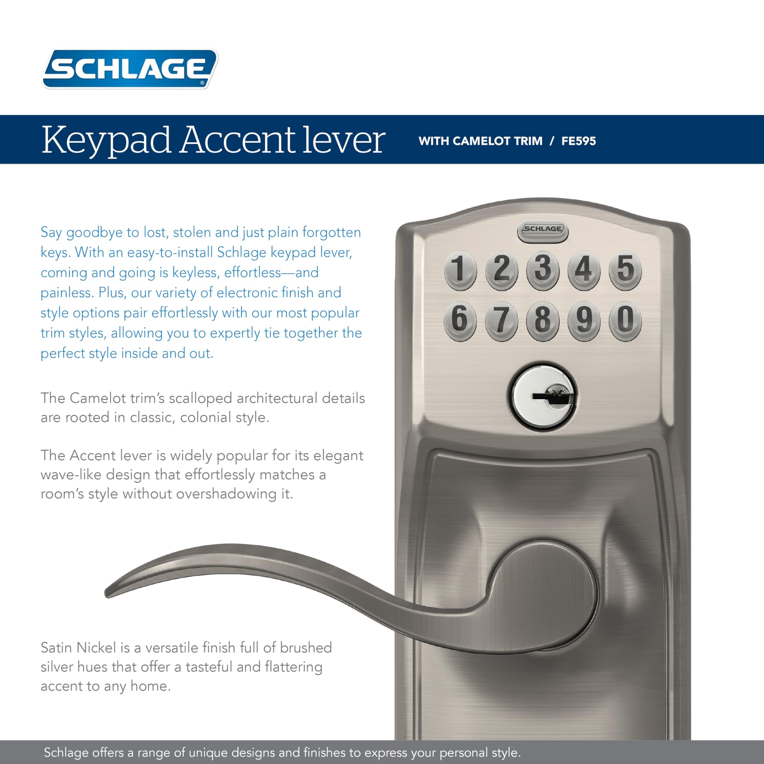 Schlage Camelot Keypad Lock with Lever Handle, Electronic Keyless Door Entry, Flex Lock Auto‑Lock Option, Aged Bronze, FE595 CAM 716 ACC - Image 4
