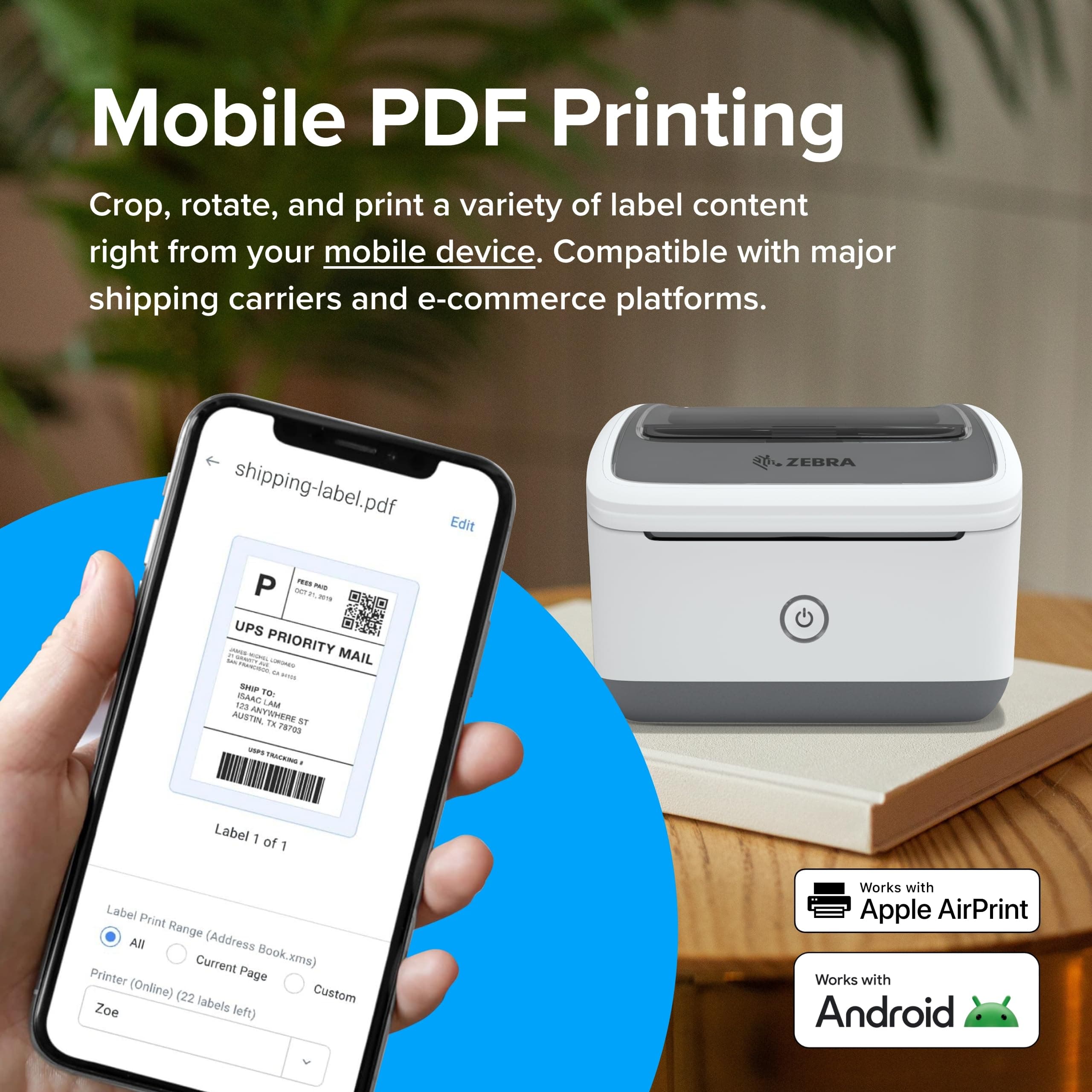 ZEBRA ZSB Series Thermal Label Printer - Wireless Label Printer for ZSB Cartridges - Compatible with UPS, USPS & FedEx - 4" Print Width - Image 3