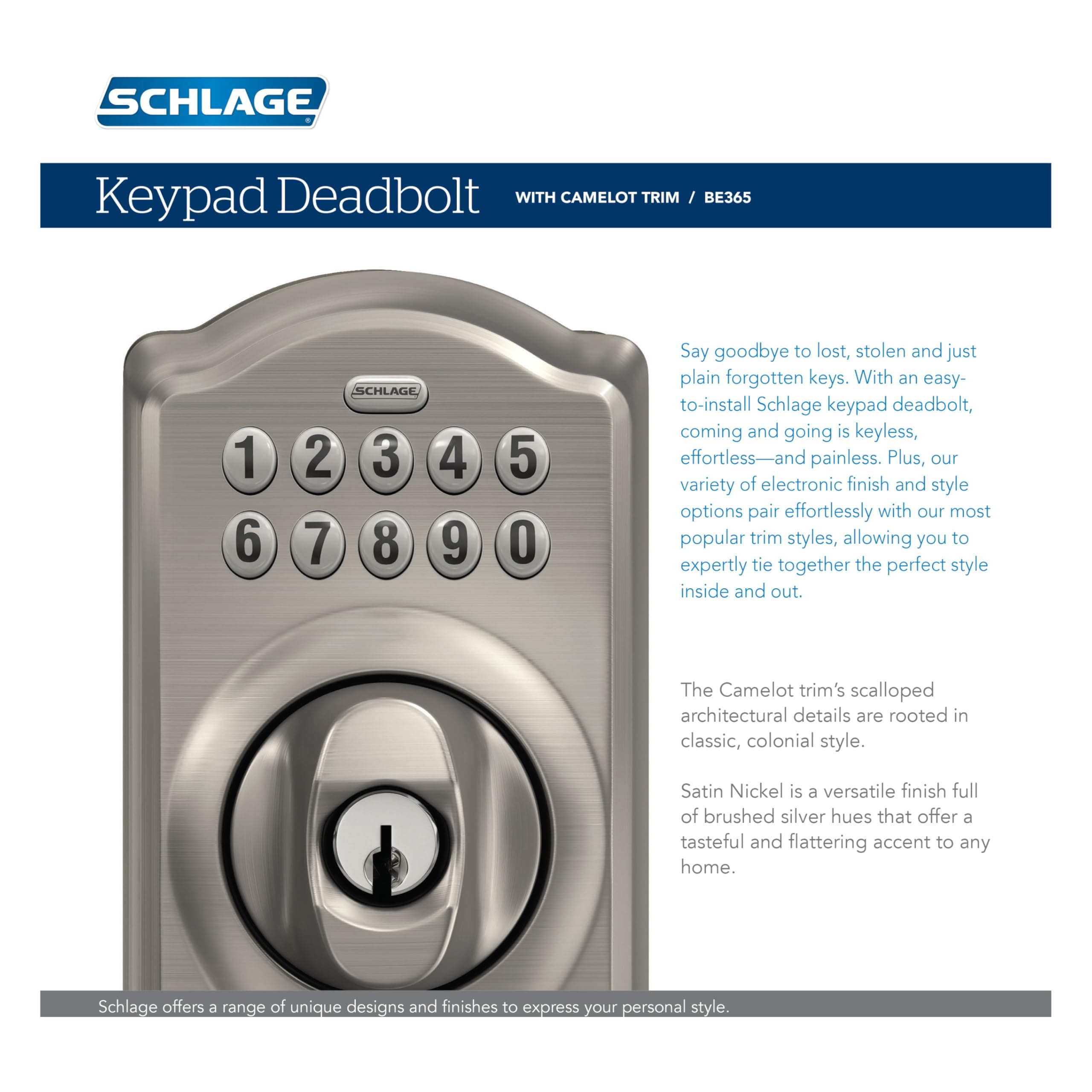 Schlage Camelot Electronic Keypad Deadbolt Lock, Keyless Front Door Entry, Mechanical Key Backup Included, Satin Nickel, BE365 V CAM 619 - Image 7