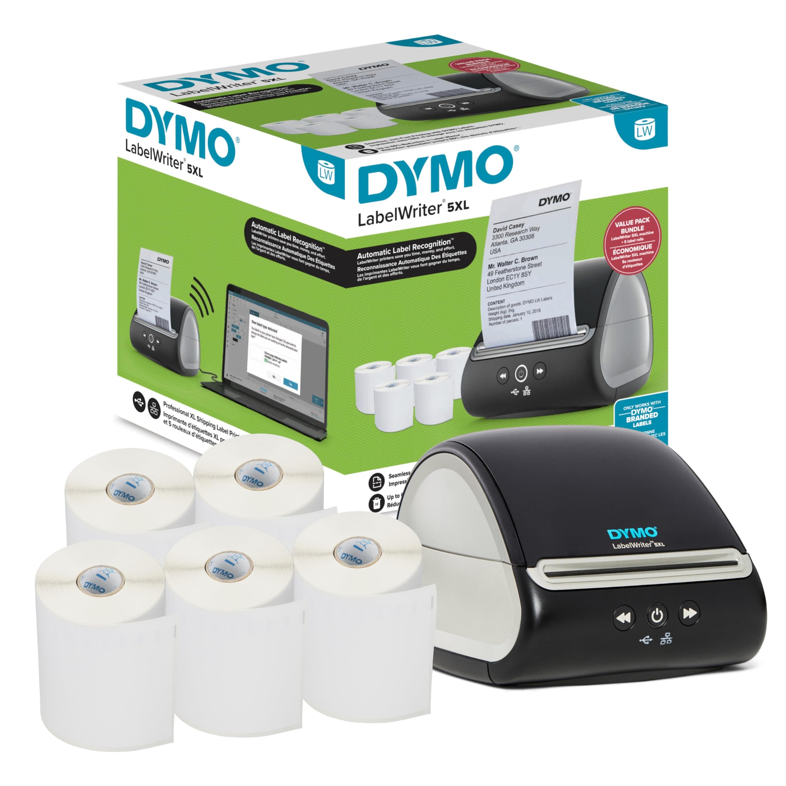 DYMO LabelWriter 5XL Label Printer Bundle Prints Extra-Wide ShippingLabels (UPS USPS) from Amazon eBay and More Perfect for eCommerce Sellers Includes 5 Extra-Large Shipping Labels (1100 Total)