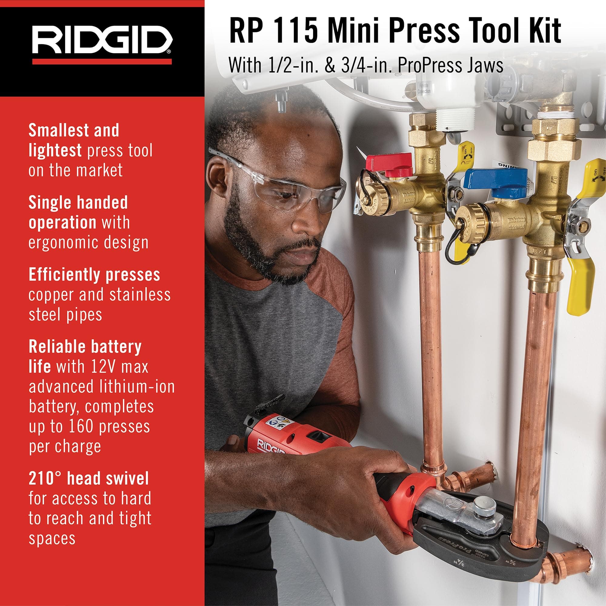 RIDGID 72553 Model RP 115 Mini Press Tool and Battery Kit with 1/2" to 3/4" ProPress Press Tool Jaws, 2V Li/Ion Battery, 12V Charger, and Carrying Case , Red - Image 3