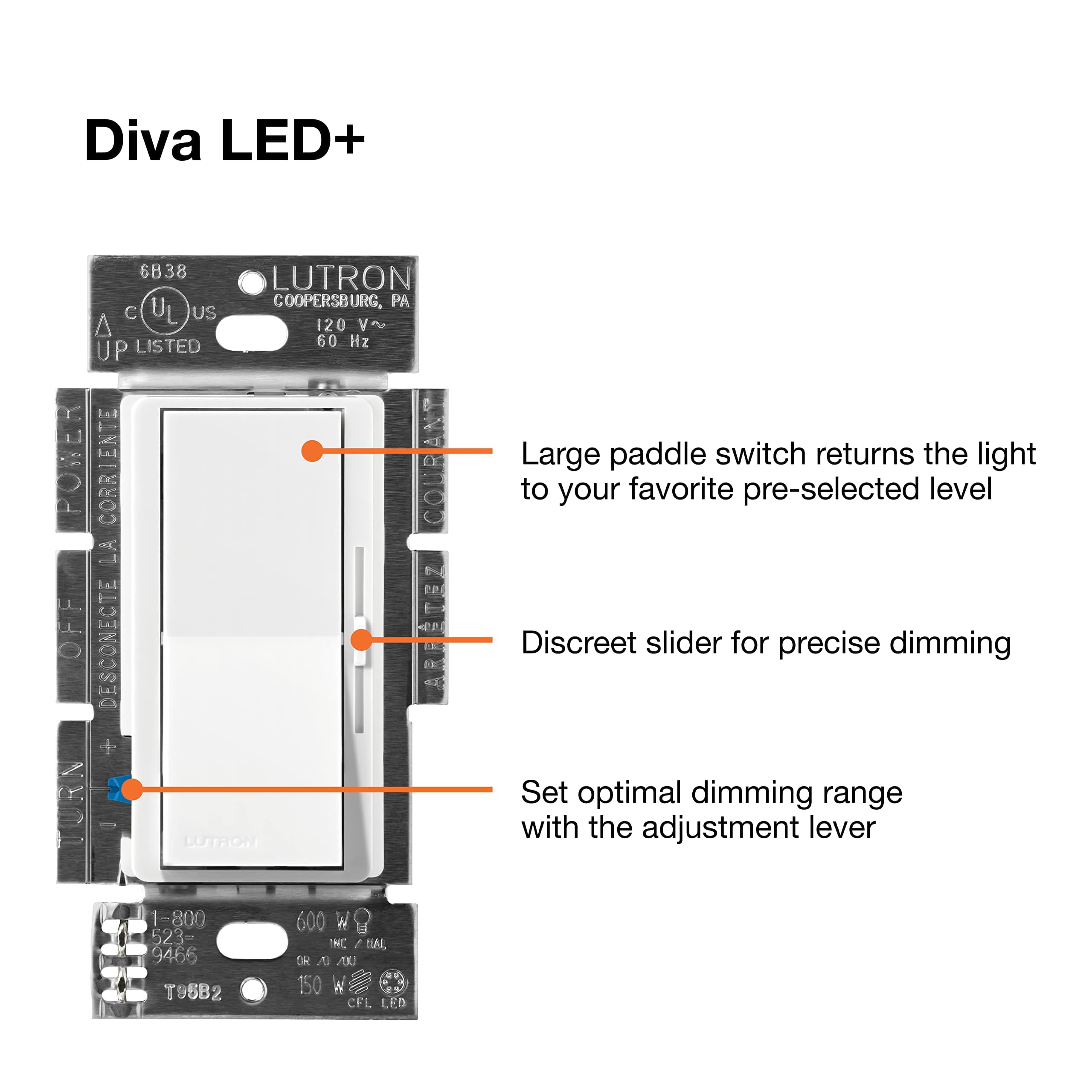 Lutron Diva LED+ Dimmer Light Switch for Dimmable LED, Halogen, and Incandescent Bulbs, 150 Watt, Single-Pole or 3-Way, DVCL-153P-WH, White - Image 8