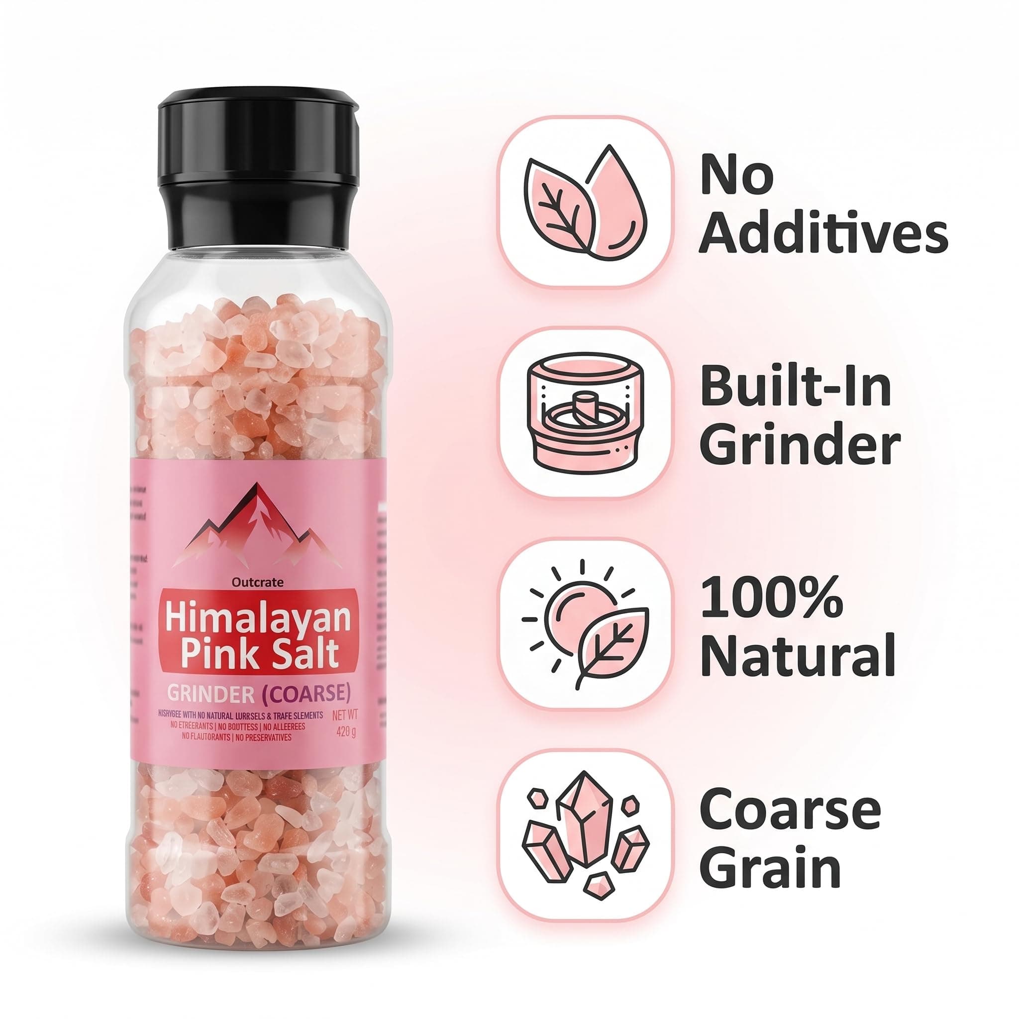 Outcrate Himalayan Pink Salt Grinder, Large 14.8 oz (420 g) - Coarse Grain Natural Rock Salt, No Additives, Built-In Grinder Bottle - Image 3