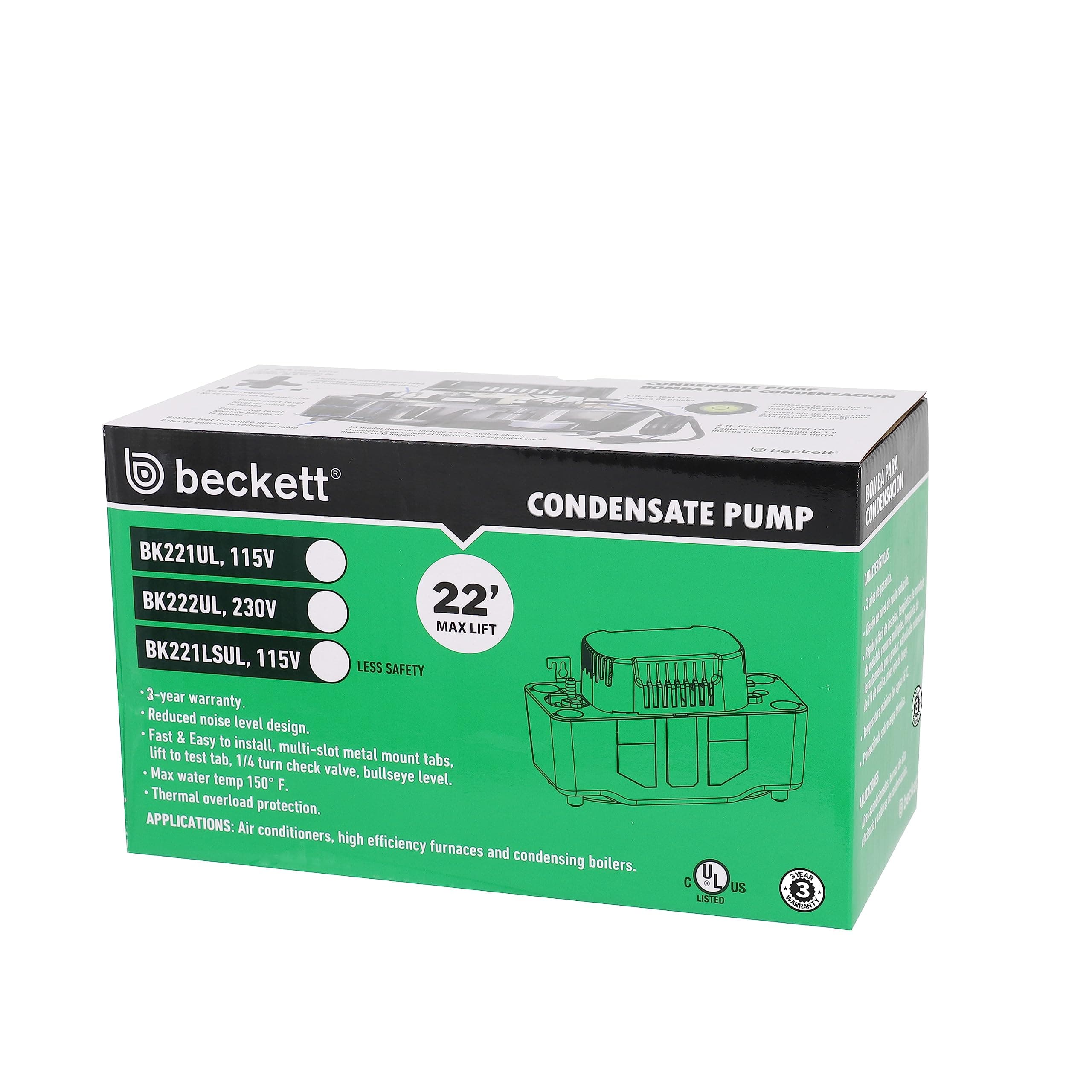 Beckett BK221UL Condensate Pump with Safety Switch, 115V, 22 ft Max Lift, 125 GPH, Automatic On/Off Operation, Black - Image 5
